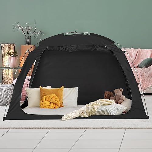 EighteenTek Bed Tent Twin Size Bed Canopy, Light Reducing Sleeping Tent Lightweight Portable Indoor Tent Breathable Privacy Space on Bed with 2 Doors for Adults Kids Autism (Twin, Black)