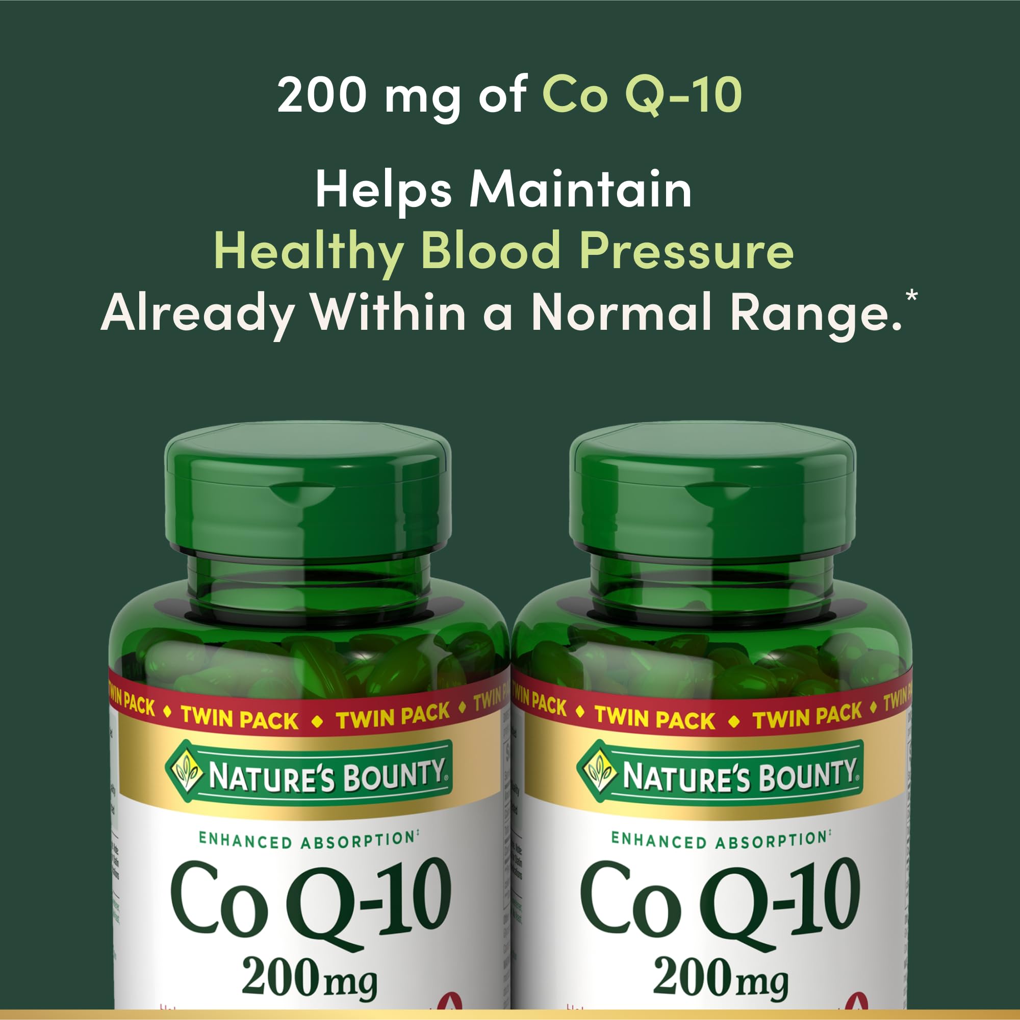 Nature's Bounty CoQ10 200 mg Softgels, Heart Health & Cellular Energy Support, Twin Pack, 160 Rapid Release Softgels
