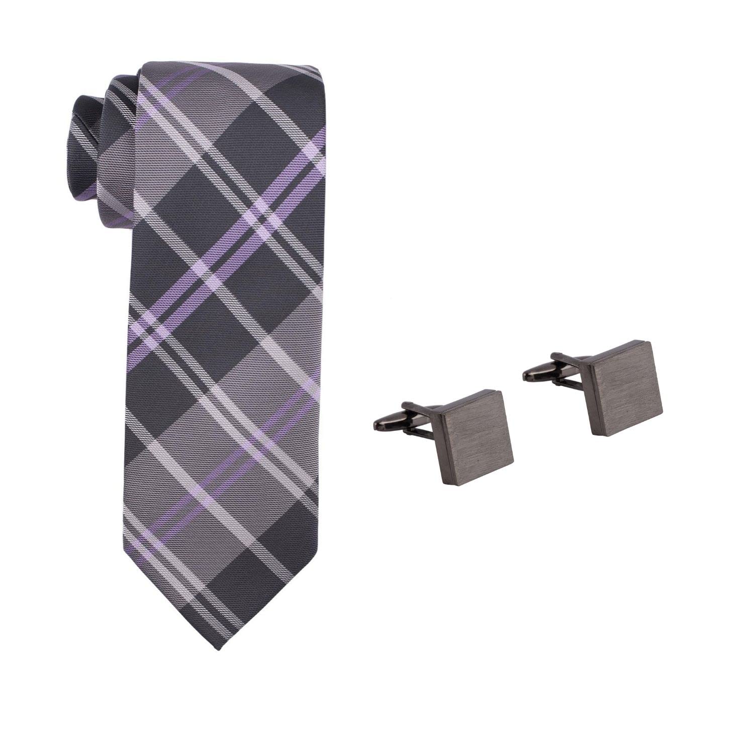 The Tie Hub Douglas Black on Purple Plaid Microfiber Necktie and Cufflinks Gift Set