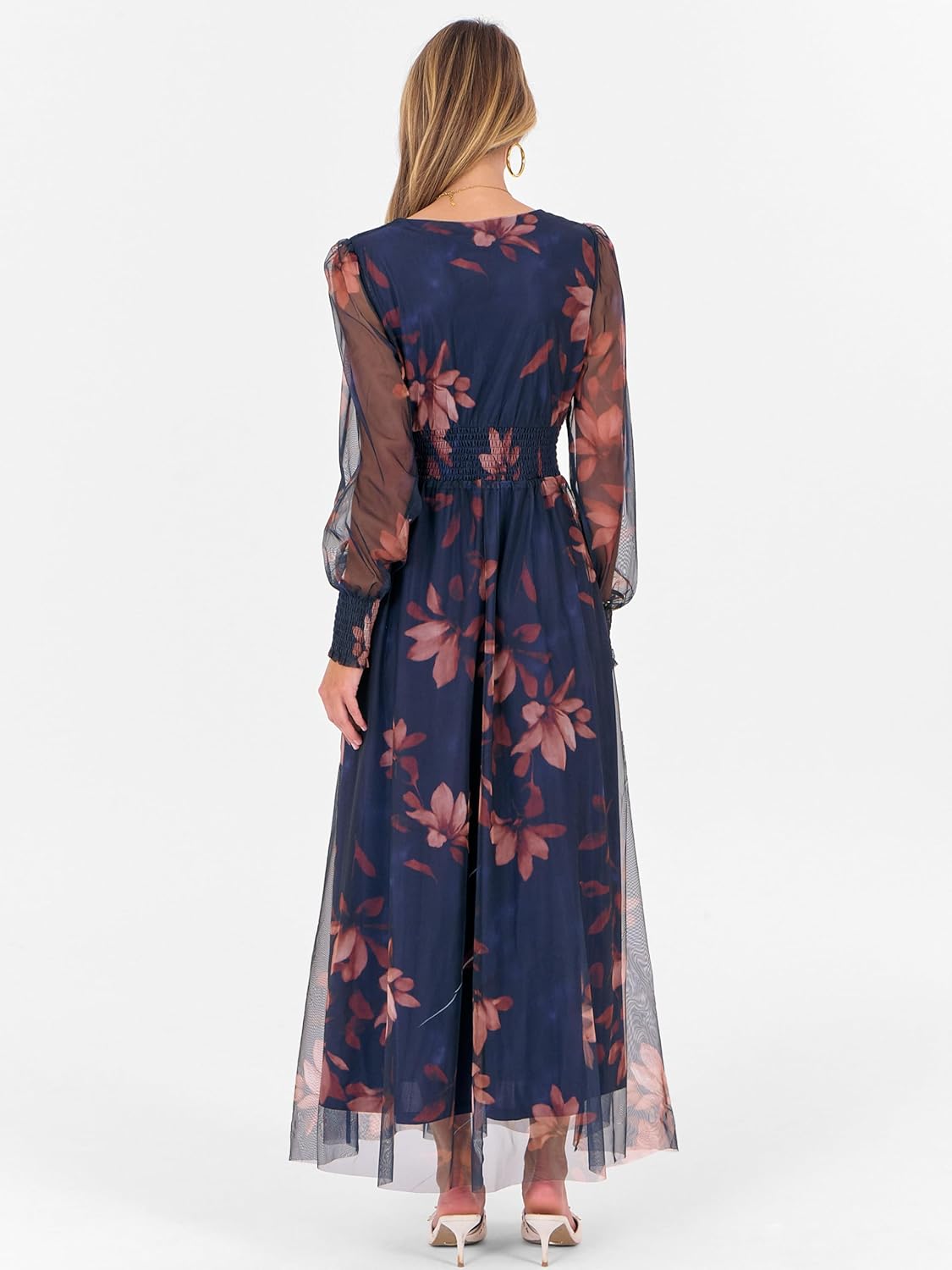 ANRABESS Women's Floral Maxi Dress 2025 Fall V Neck Puff Long Sleeve Flowy Casual Wedding Guest Tea Party Tulle Dresses - Image 6