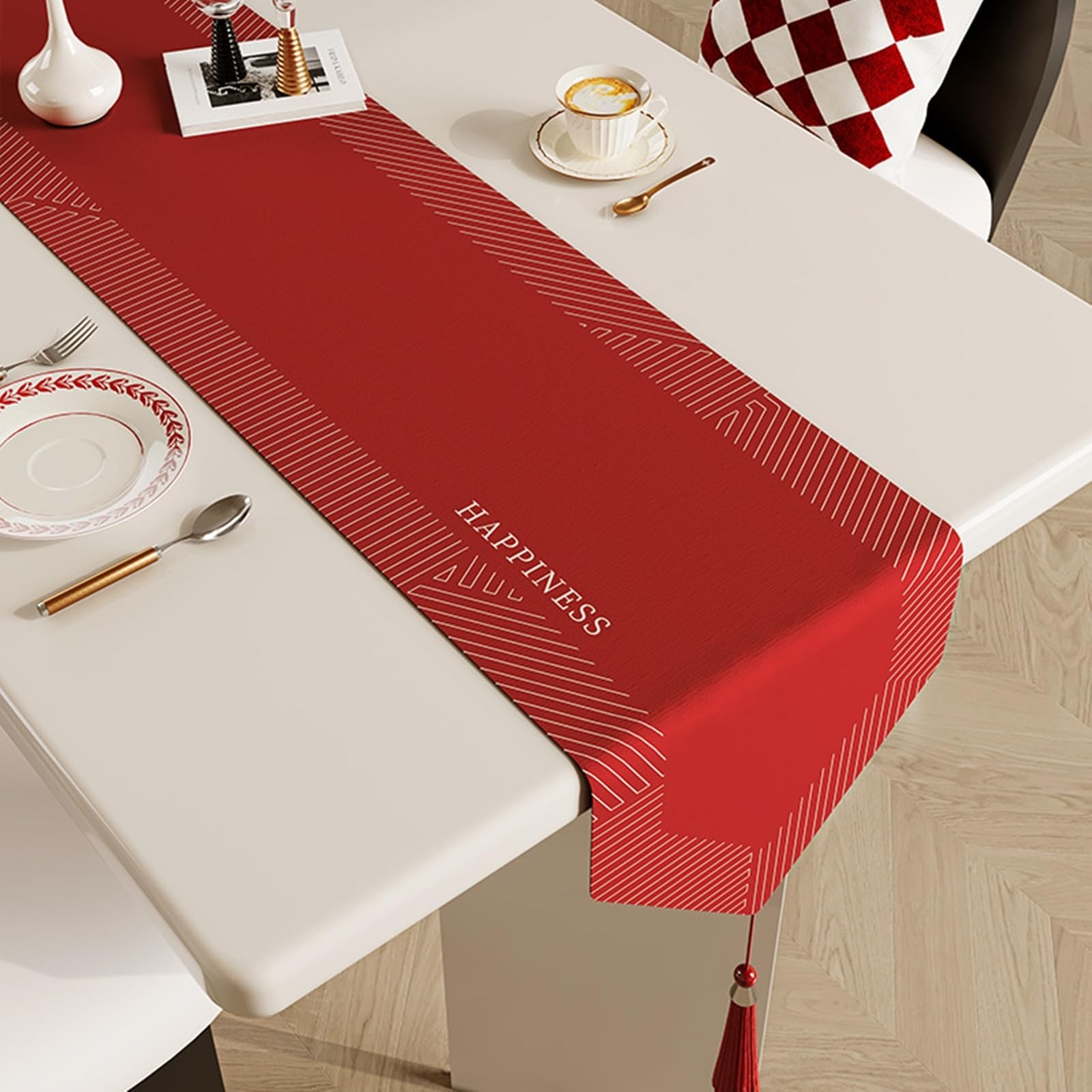 Tischläufer Polyester Landhausstil, Tischläufer Wohnzimmer 30x280 cm, Roter Leinenoptik mit Quasten