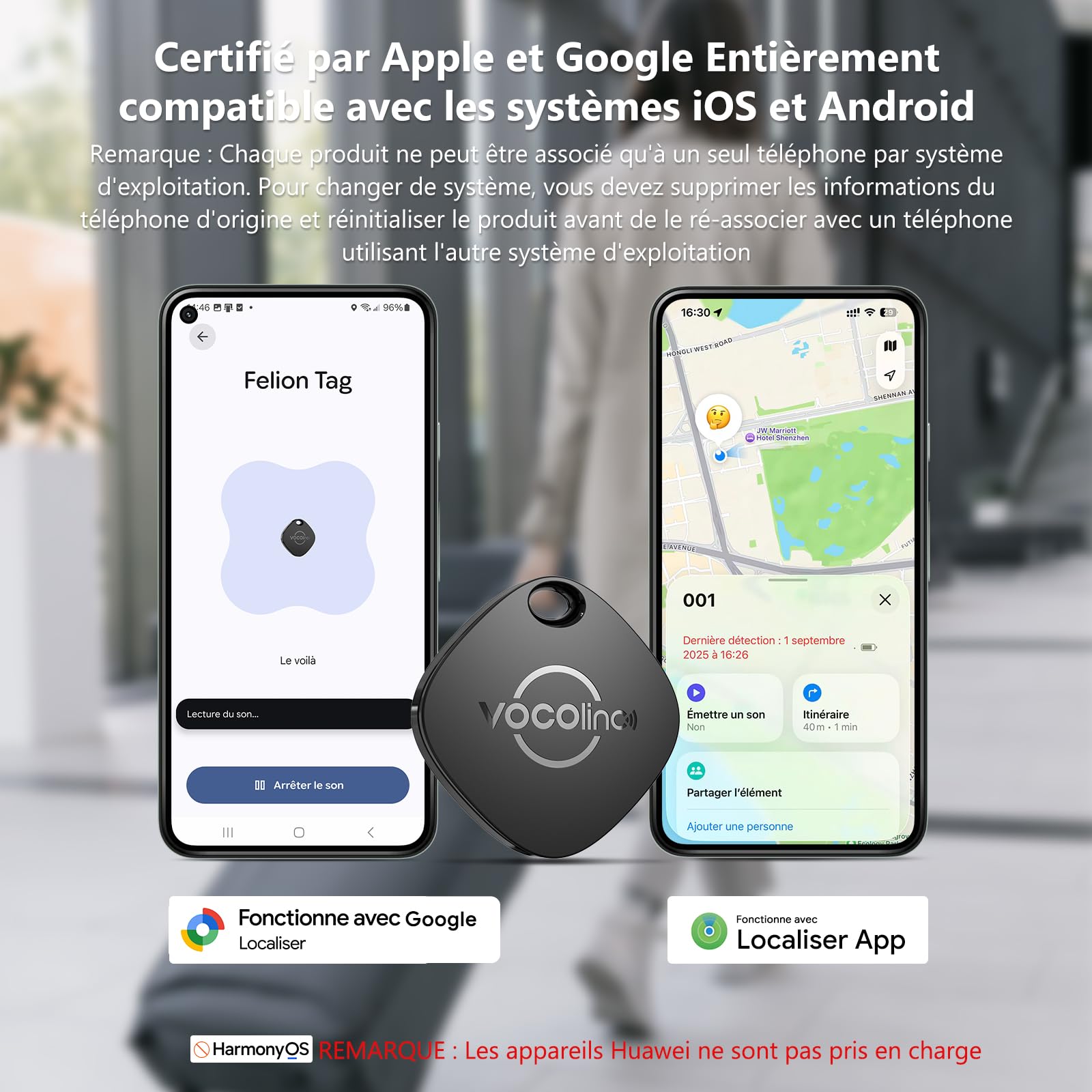VOCOlinc Android Smart Tag Lot de 4 Double Système, Air-tag Traceur Fonctionne avec l’app Localiser Apple et Google, Tracker Localisateurs D’Objets pour Valise/Clés/Sacs/Bagages, Batterie Remplaçable