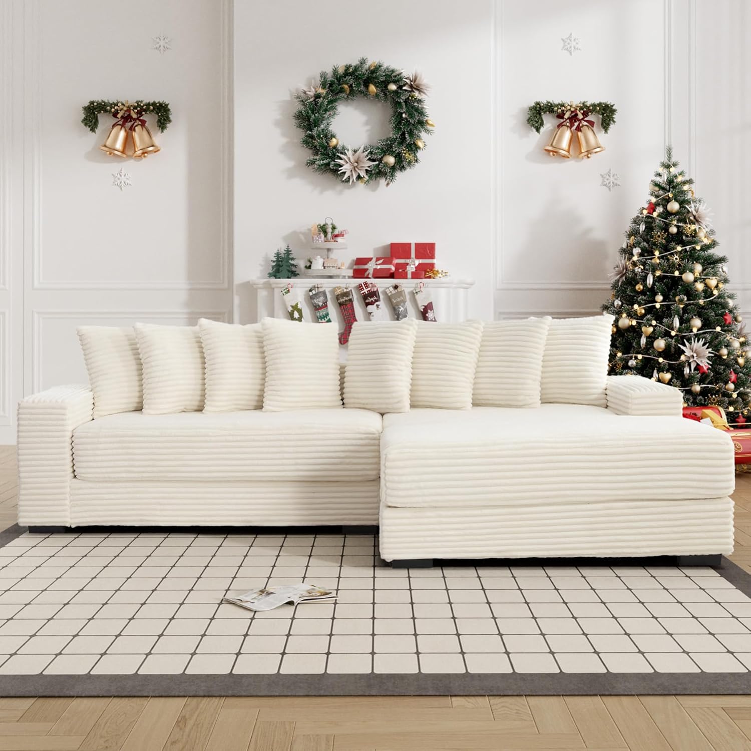 Comfy L Shaped Sectional Couches for Living Room, 111" Oversized Modular Sectional Sofa with Chaise, Modern Fluffy Plush Corduroy Couch Sctional Sofa 2 Piece (Right Facing, Beige)