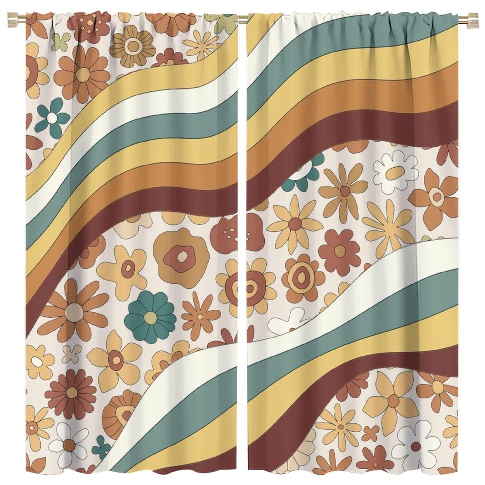 Cortina opaca floral retro Bobo, estilo abstracto de los años 70 y 80, diseño de flores de arco iris, para sala de estar, dormitorio, decoración del hogar, 63 x 63 pulgadas