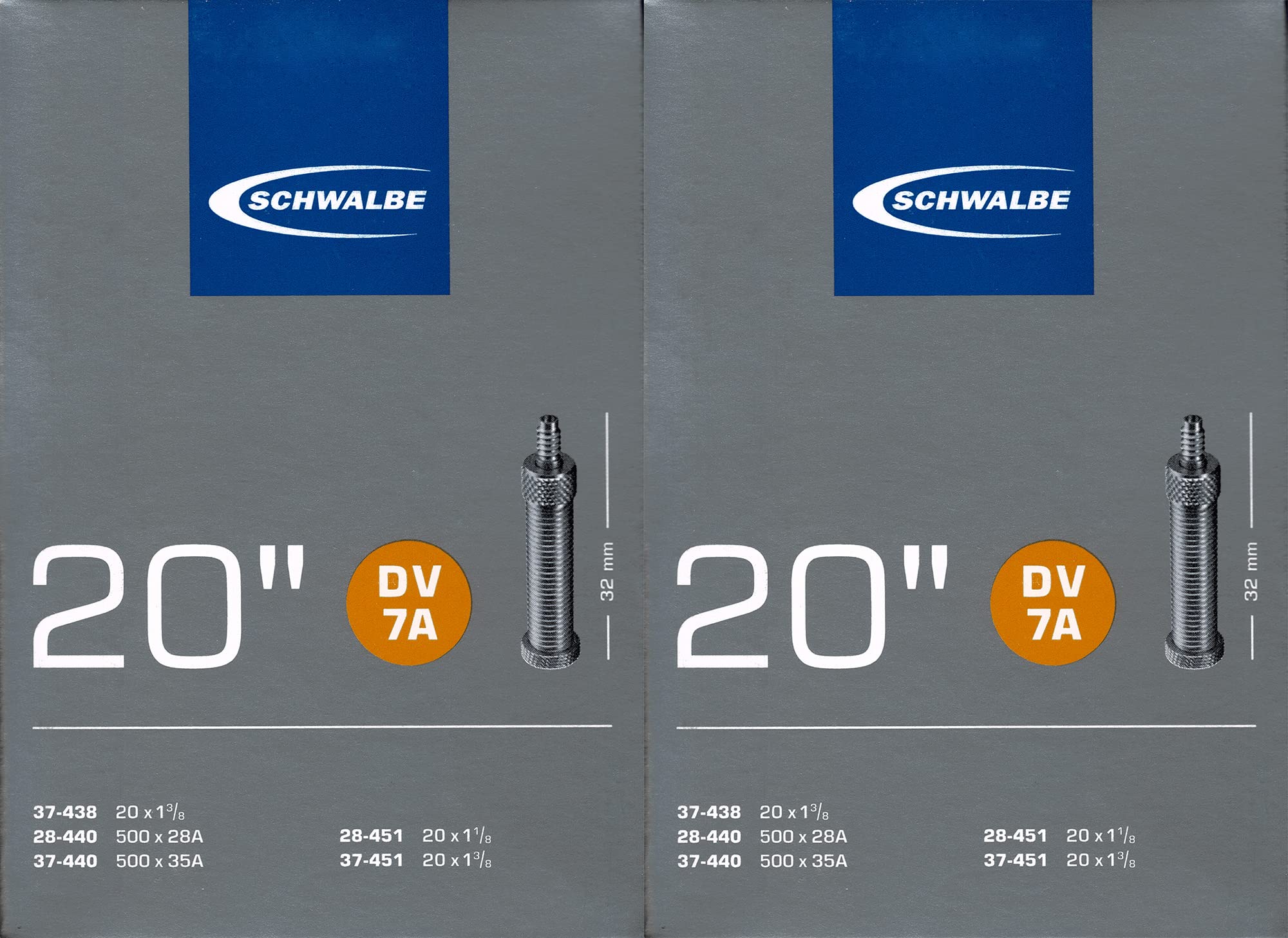 2 chambres à air Schwalbe DV 7A 20" avec valve Dunlop
