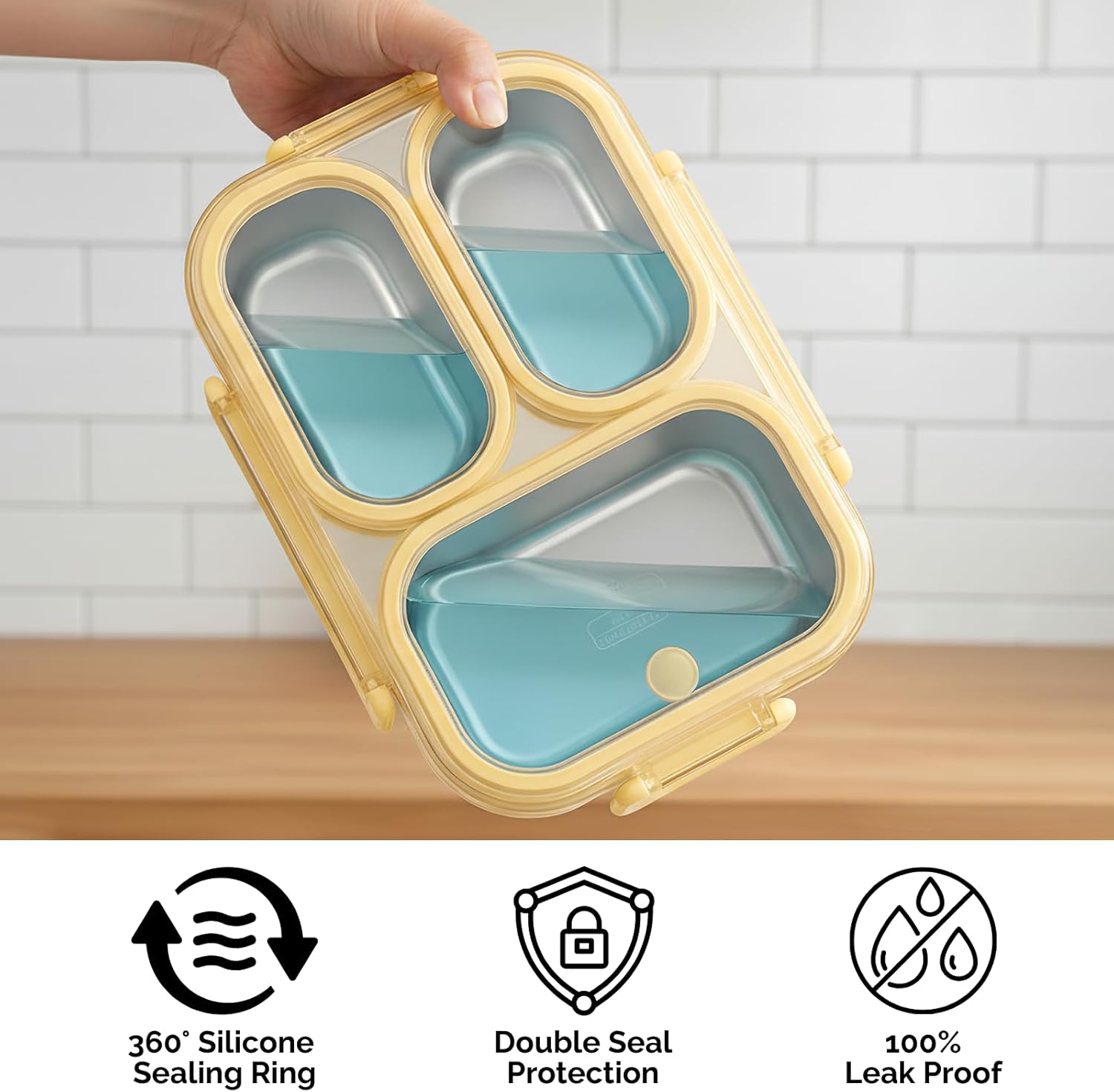 304 Stainless Steel Lunch Box for Adults & Kids, 25oz Leakproof Metal Bento Box with 3 Compartments, BPA-Free, Reusable & Dishwasher Safe Food Container for School,Office,Picnic,Travel(Yellow) - Image 2