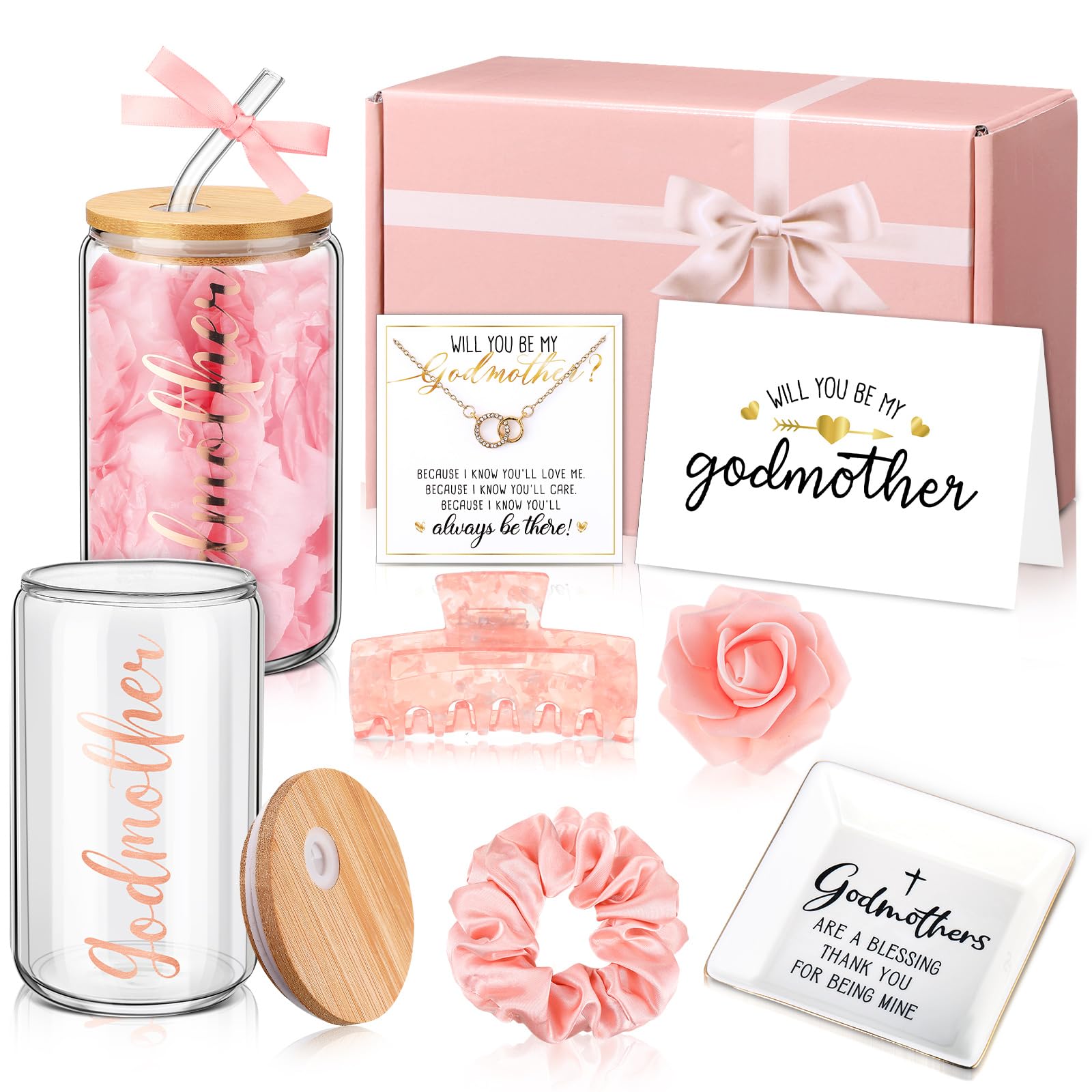Honeydak 8 Pcs Godmother Proposal Gift Set Will You Be My Godmother from Godchild 12oz Glass Cup Necklace Trinket Ring Dish Gift Box for Mother's Day Birthday Baptism Christmas (Rose Gold)