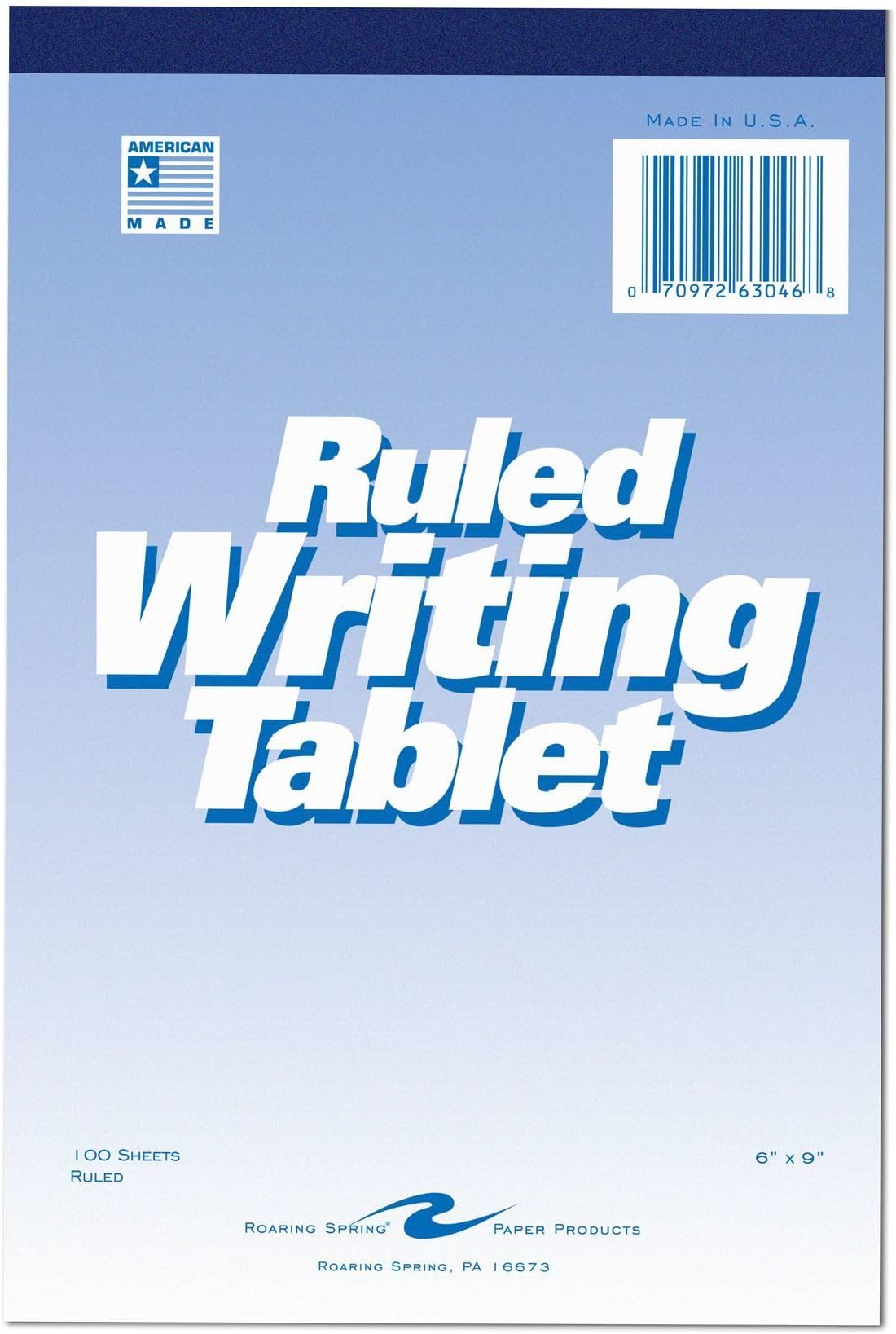 Roaring Spring 6"x9" Writing Tablet, 100 Sheets 15# White Paper, Wide Ruled, Heavy Back Board, Top Edge Bound