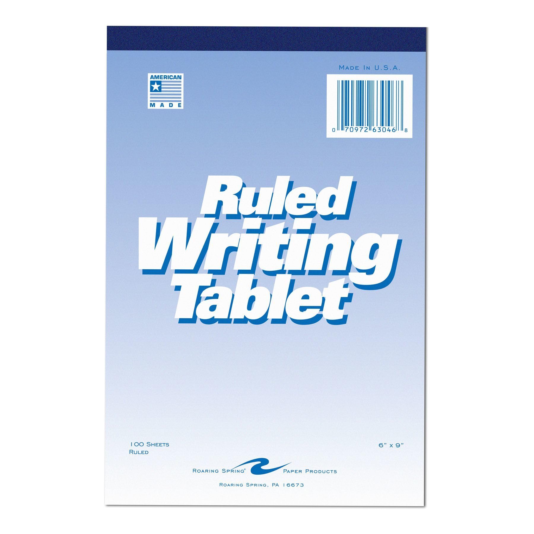 Roaring Spring 6"x9" Writing Tablet, 100 Sheets 15# White Paper, Wide Ruled, Heavy Back Board, Top Edge Bound