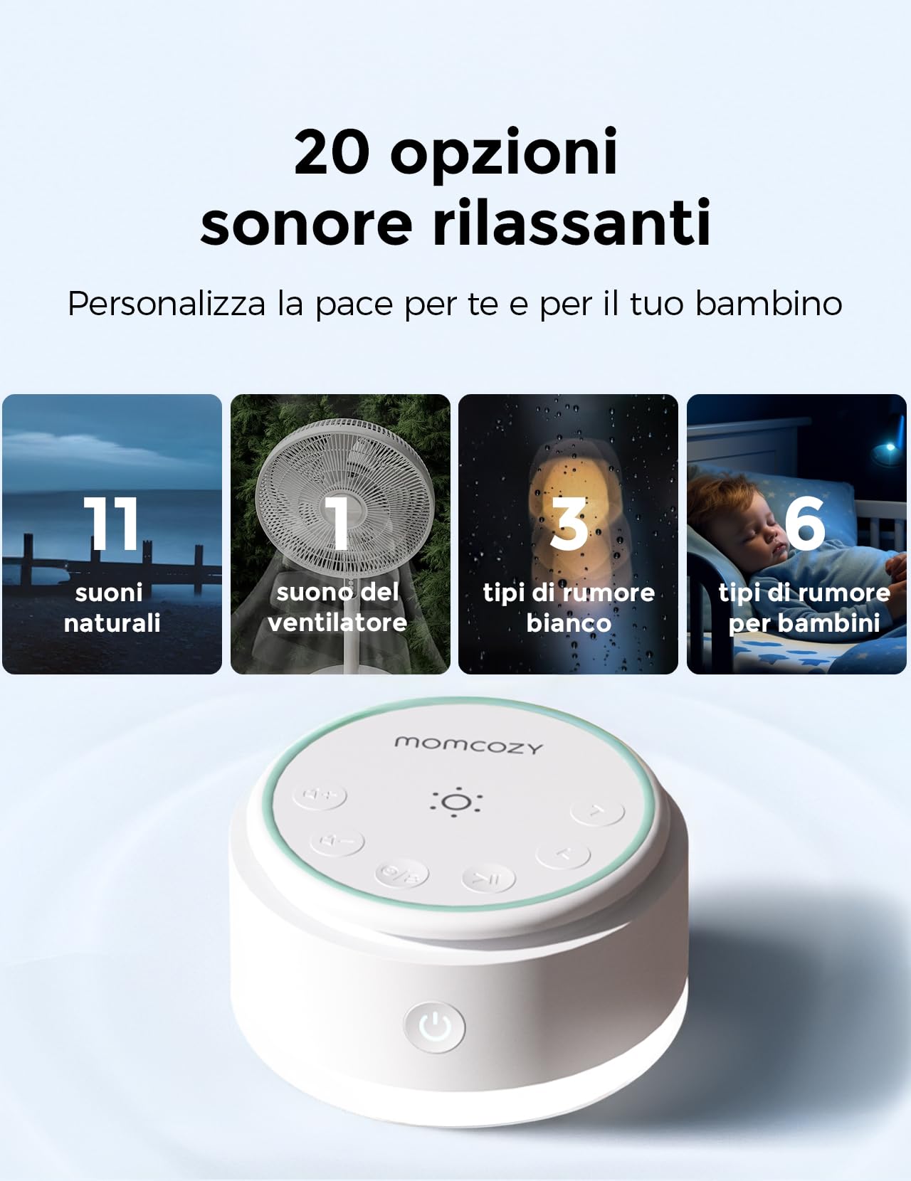 Momcozy Sound Machine - 20 Suoni Rilassanti & Luce Touch, Rumore Bianco Portatile per Bambini e Adulti con Timer del Sonno e Memoria | Compagna di Viaggio Perfetta & Must-Have per la Cameretta