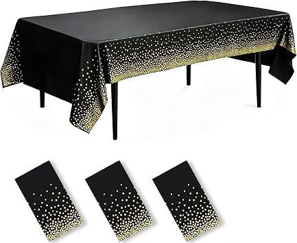 3 Pack Gold and Black Disposable Tablecloth Plastic Rectangle Table Covers