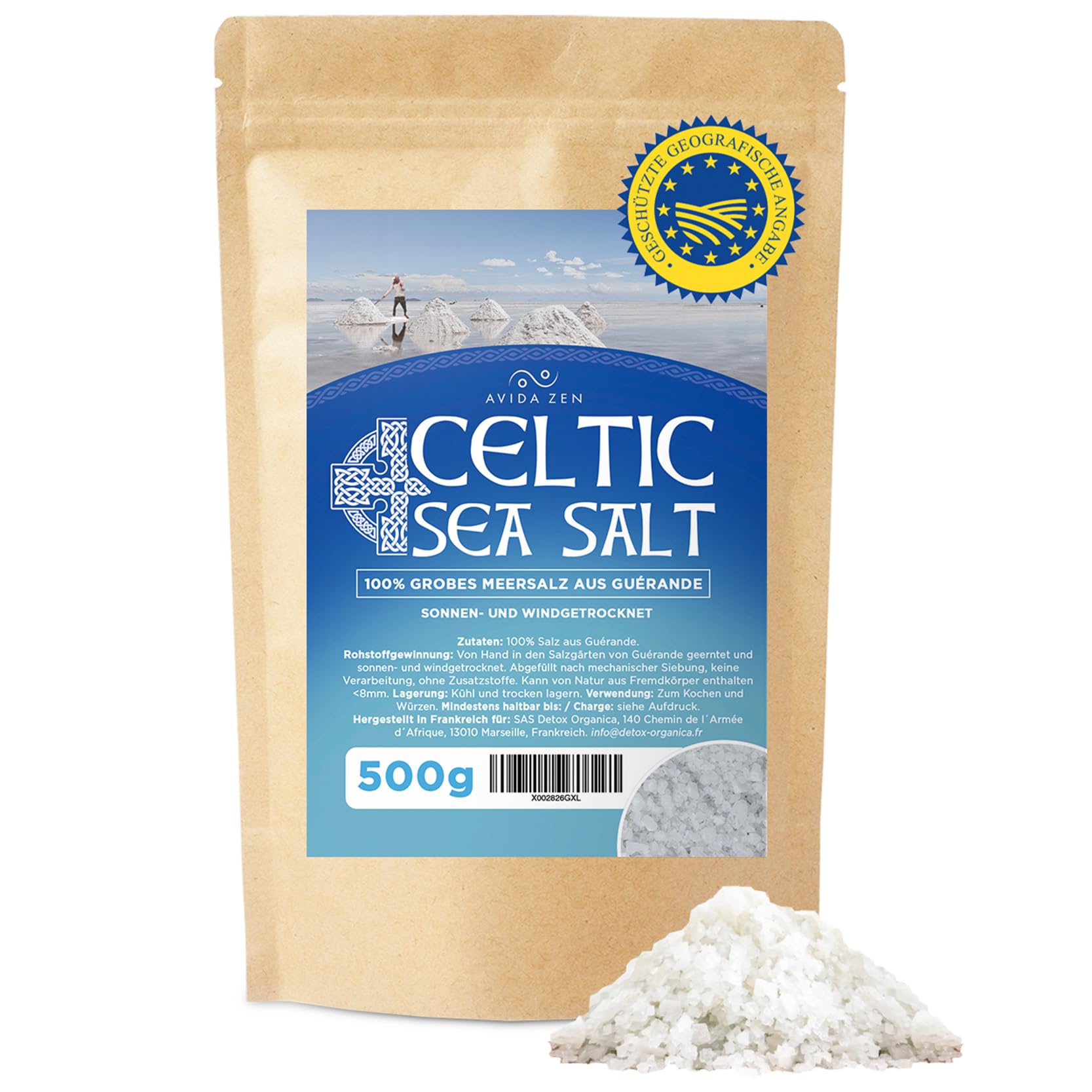 AVIDA ZEN Celtic Sea Salt, 500g keltisches Meersalz aus Guérande, Echtes graues Salz, handgeerntet und wind- und sonnengetrocknet, celtic salt original, reich an Mineralien