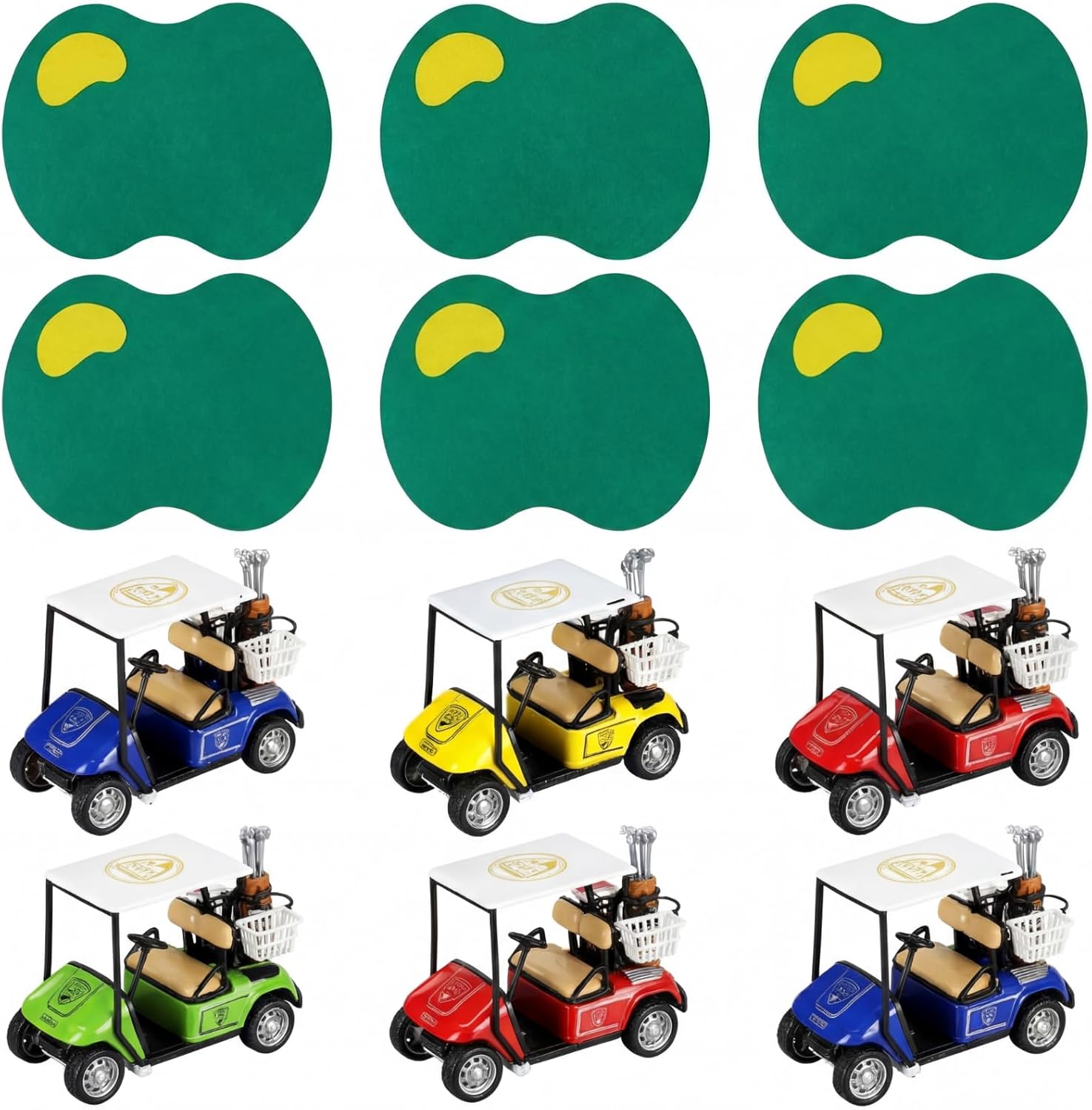 6 Sets Golf Centerpieces Table Decorations with Green Mats and Mini Pull Back Cart Golf Party Supplies Green Felt Mats Course Pullback Vehicle for Golfing Themed Sport Birthday Party Decor