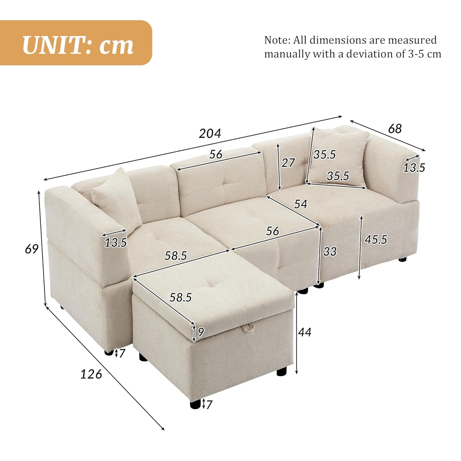 BTM Sectional 3 Seater Sofa, L shape Corner Sofa with Removable Storage Ottoman, Corner Sofa with Storage for Home/Apartment/Office Living Room, Beige - Image 2