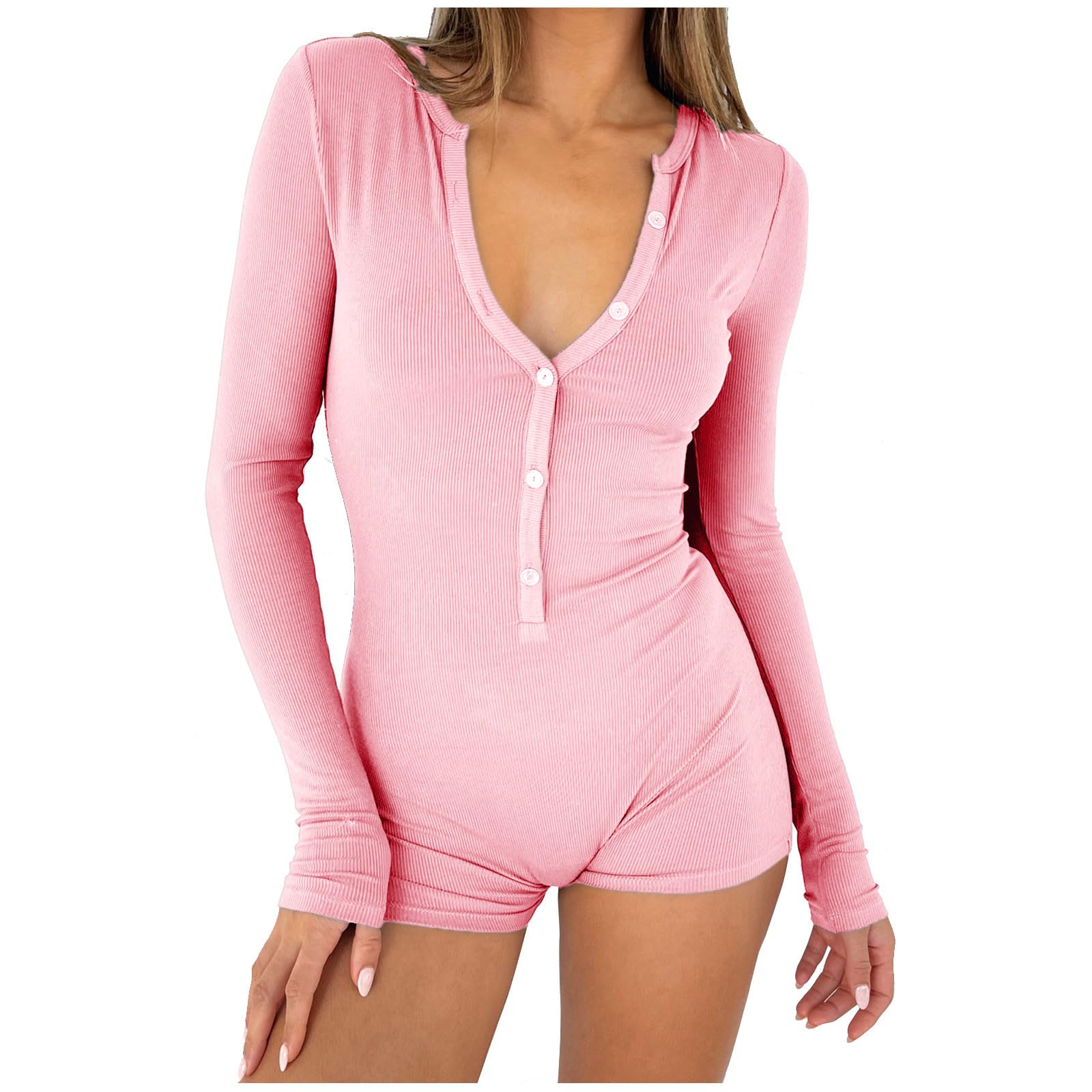NUSGEAR Mono Deportivo Mujer Corto Mangas larga Cuello en V Botones Jumpsuit Body Traje Una Pieza Deporte Bodycon Elásticos Pantalones Corto Bodysuit para Gimnasio Yoga Fitness Sexy Mallas