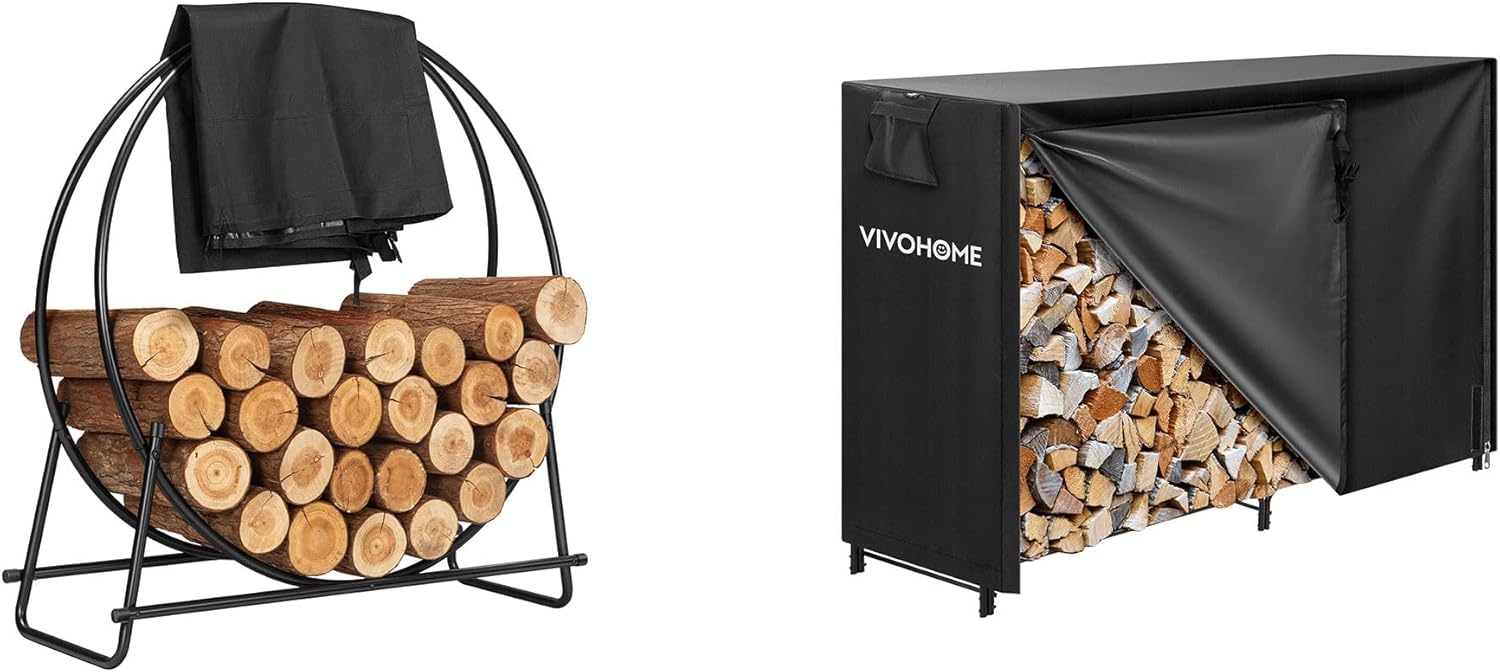 VIVOHOME 32 Inches Firewood Log Rack Hoop 5ft Heavy Duty Indoor Outdoor Firewood Storage Log Rack with Cover Combo Set