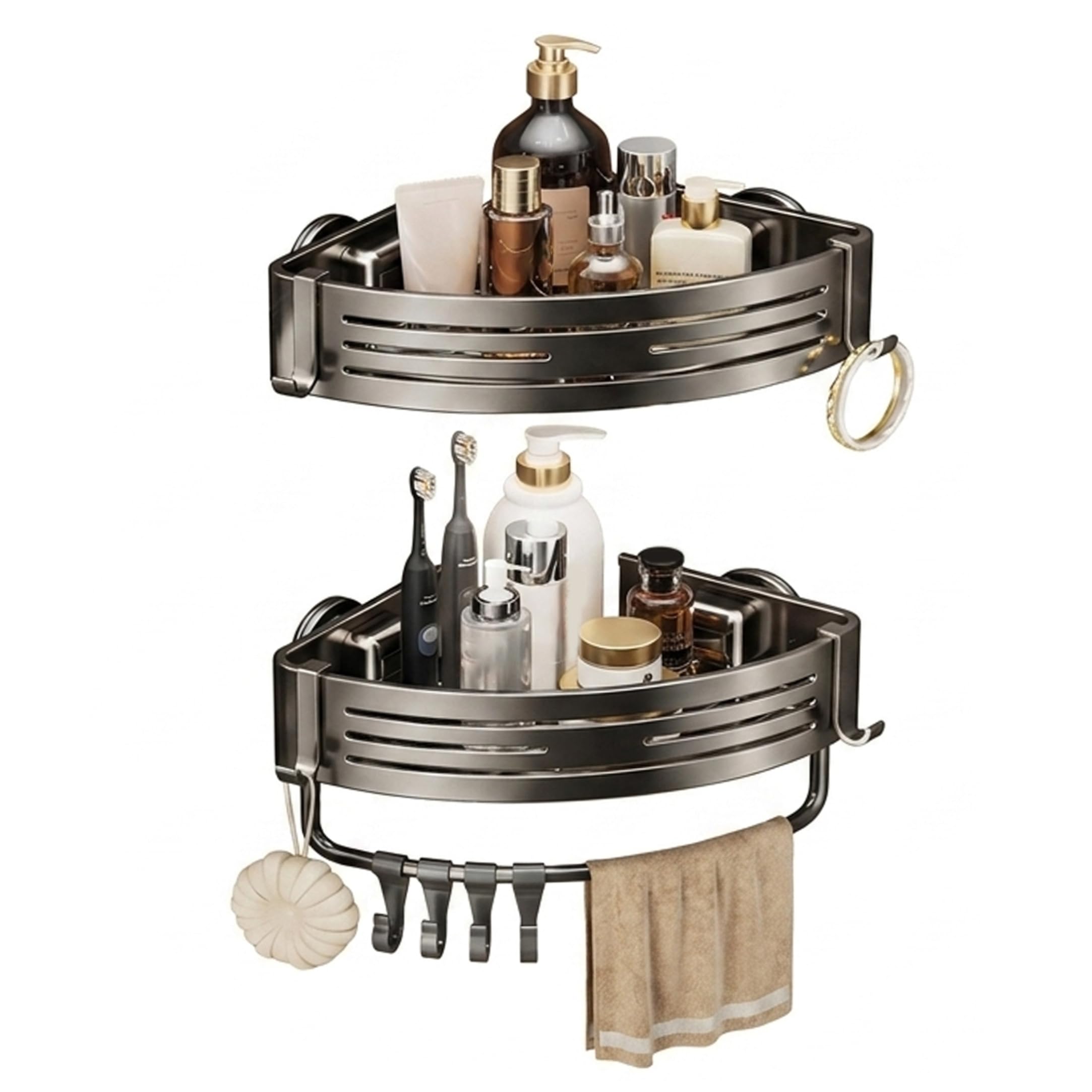 Perodlly Shower Rack Corner, Triangle Suction Cup Shower Caddy, Bathroom Organizer No-Drill Sandblasted Aluminum Corner Shelves, Set of 2..