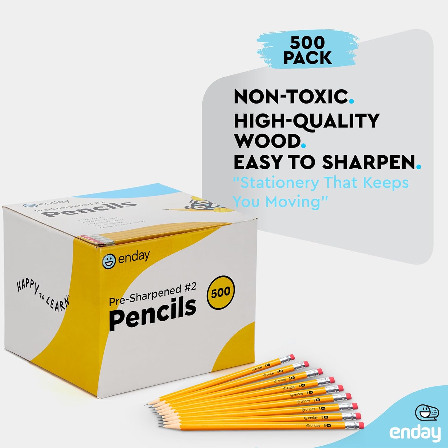 Enday #2 Pencils Bulk - 500 Pack - Pre-sharpened pencils #2 Wood-Cased Yellow Sharpened Pencils for Kids with Latex-Free Eraser Top for Office and Classroom Supplies.
