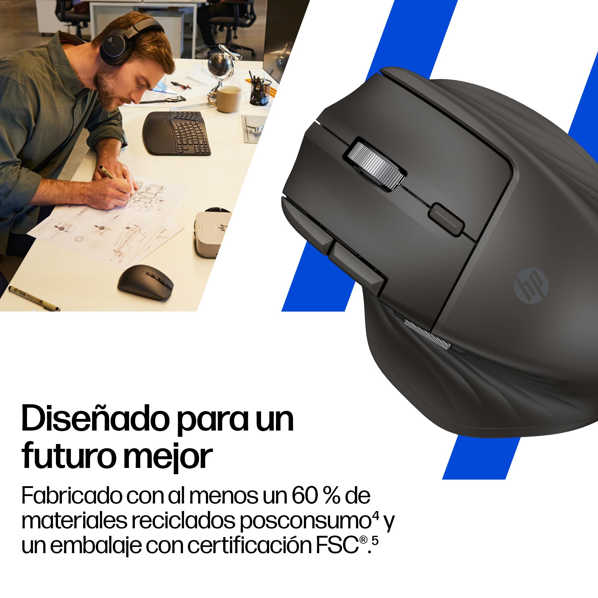 HP 780M Ratón Inalámbrico Ergonómico con Desplazamiento Ultra Rápido, Supercondensador Recargable, 6K dpi, Bluetooth, Rueda de Desplazamiento Lateral, Multi Dispositivo, Compatible con Windows y Mac