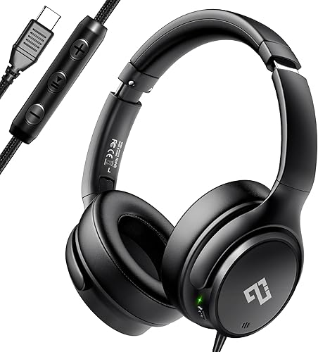 Miniatura 8 de Auriculares USB C con cable sobre la oreja con micrófono HD, auriculares plegables con cancelación activa de ruido para