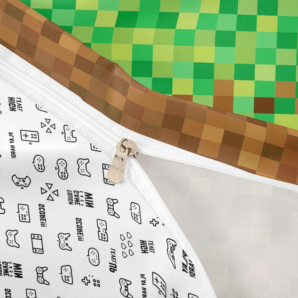 Manfei Pixelated Bedding Set Queen Size,Video Games Gamepad Miners Duvet Cover Set for Adults Women Bedroom Decor,Geometric Grid Bedding Collection,Brown Green 3 Pcs Quilt Cover,No Comforter