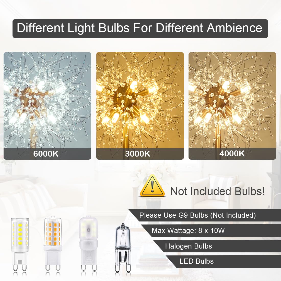 Rayofly Modern Stehlampen, Gold Feuerwerk Kristall Stehlampe Wohnzimmer, 8-Flammige Kristalle Stehlampen mit Fußschalter, Hohe 172CM, Glas Metall Stehleuchte, Golden Stehlampe für Schlafzimmer