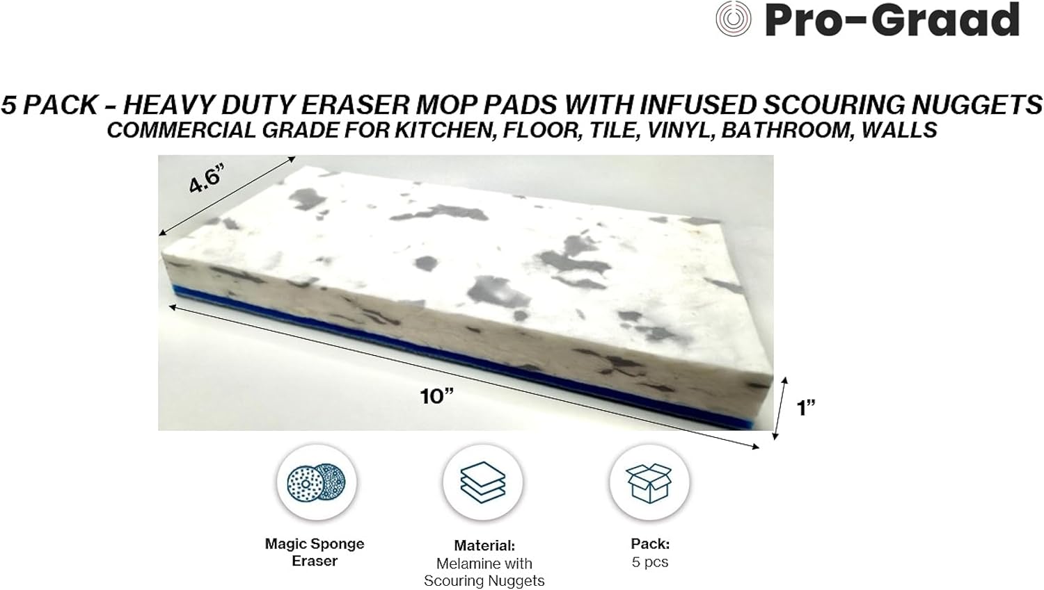 4.5" x 10" Heavy Duty Mop Floor Cleaning Eraser Pads Infused with Scouring Nuggets 10x Durability Commercial Grade Floor Baseboard Walls, Compare to Magic Eraser – Doodlebug Pad, 5 Pack