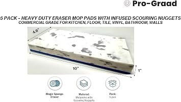 4.5 x 10 Heavy Duty Mop Floor Cleaning Eraser Pads Infused with Scouring Nuggets 10x Durability Commercial Grade Floor Baseboard Walls, Compare to Magic Eraser Doodlebug Pad, 5 Pack