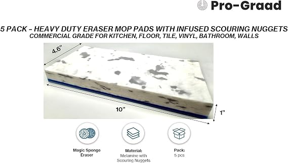 4.5 x 10 Heavy Duty Mop Floor Cleaning Eraser Pads Infused with Scouring Nuggets 10x Durability Commercial Grade Floor Baseboard Walls, Compare to Magic Eraser Doodlebug Pad, 5 Pack