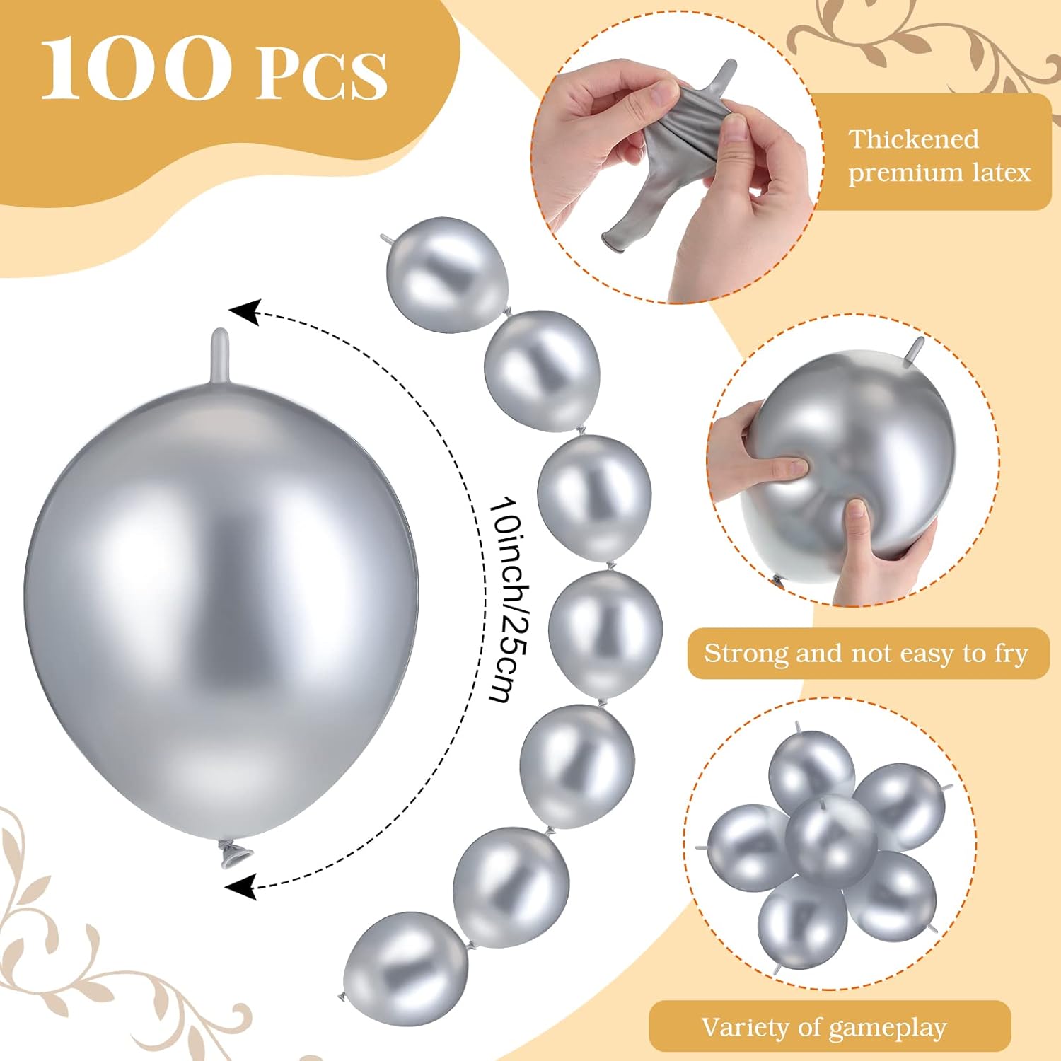 Meanplan 100 Pcs Link Balloon Quick Linking Latex Connected Balloons Linkable for Easter Wedding Independence Day Birthday Party Decoration(10 Inch,Metallic Silver)