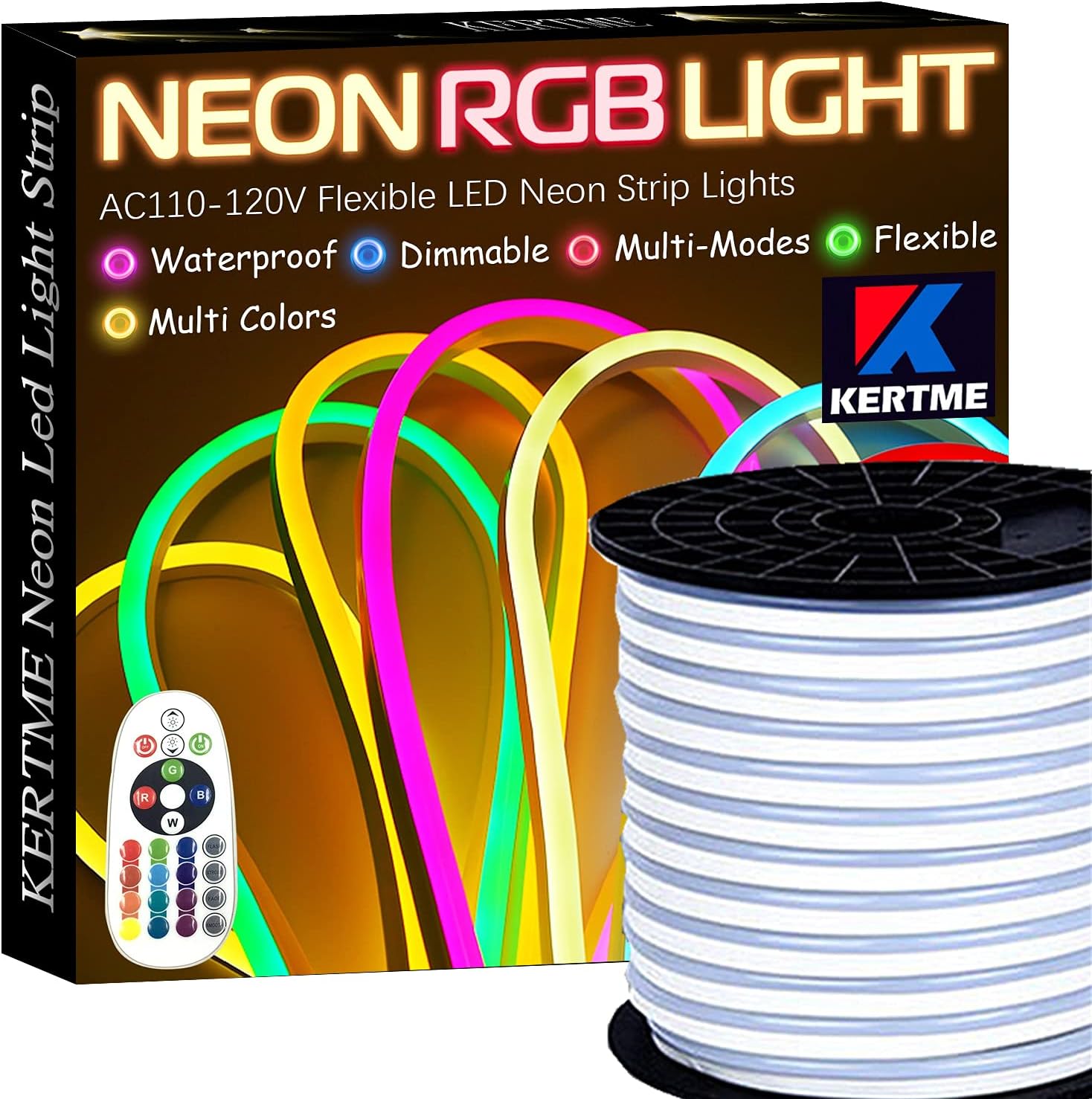 Neon Led Type AC 110-120V LED NEON Light Strip, Flexible/Waterproof/Dimmable/Multi-Colors/Multi-Modes LED Rope Light + 24 Keys Remote for Home/Garden/Building Decoration (98.4ft/30m, RGB)