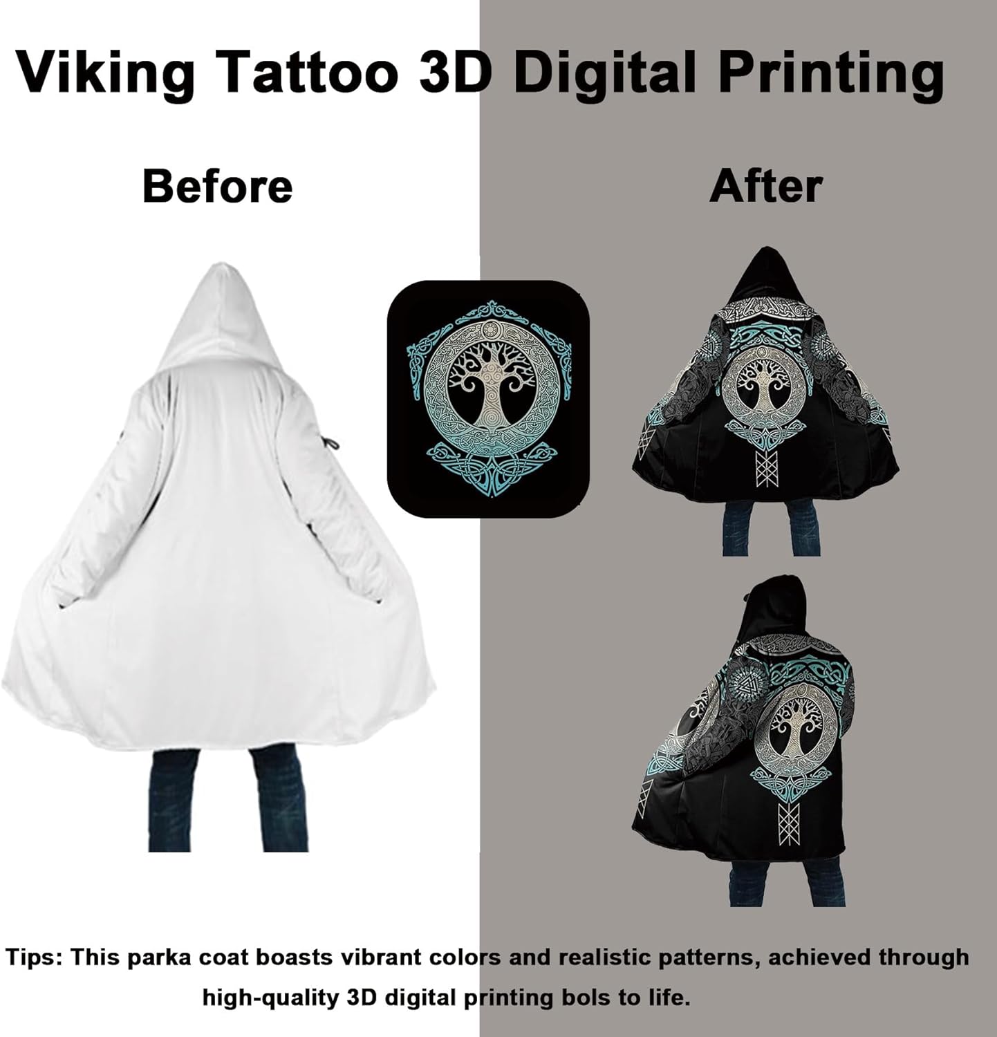 Nordic 3D Printing Men's Winter Hooded Cloak Viking Axe Tattoo Parka Thickened Warm Faux Cashmere Coat Casual Jacket