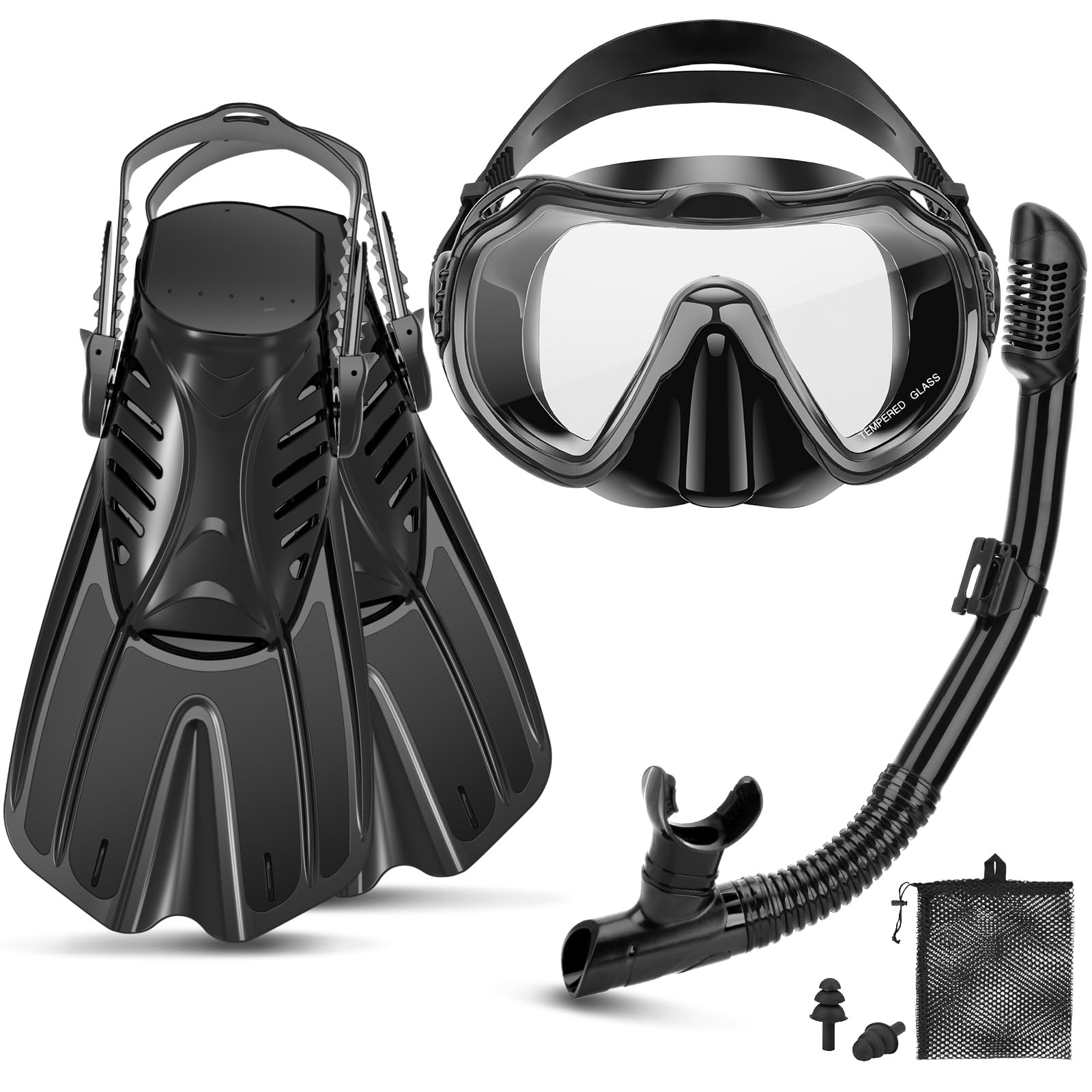 Snorkeling Gear for Adults, 4 in 1 Travel Size Mask Fins Snorkel Set with Panoramic View Anti Fog Mask, Dry Top Snorkel, Trek Fins and Travel Bag, Snorkel Gear for Swimming Diving Snorkeling