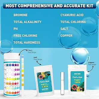 EASYTEST 9-Way Pool Test Strips, 140 Strips for Hot tub and Spa, Accurate Testing pH, Total Chlorine, Free Chlorine, Bromine, Alkalinity, Total Hardness, Cyanuric Acid, Salt and Copper