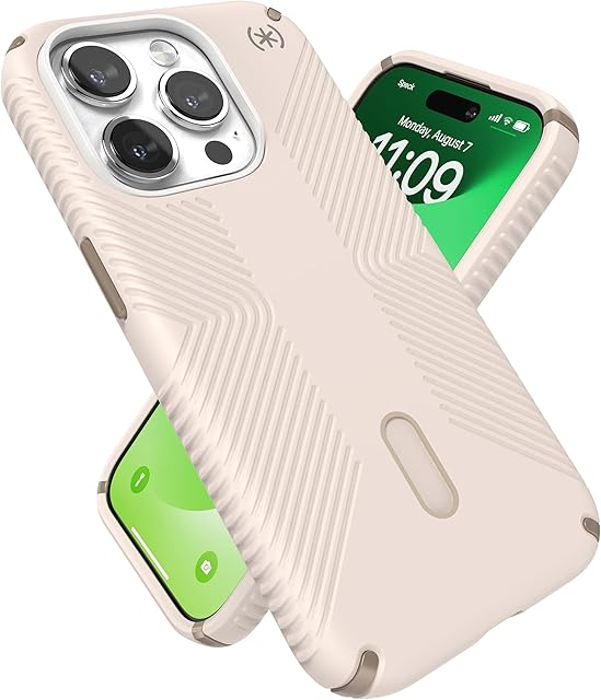Speck iPhone 15 Pro Case - ClickLock No-Slip Interlock, Built for MagSafe, Drop Protection Grip - Soft Touch 6.1 Inch Phone Case - Presidio2 Grip Bleached Bone/Heirloom Gold/Hazel Brown