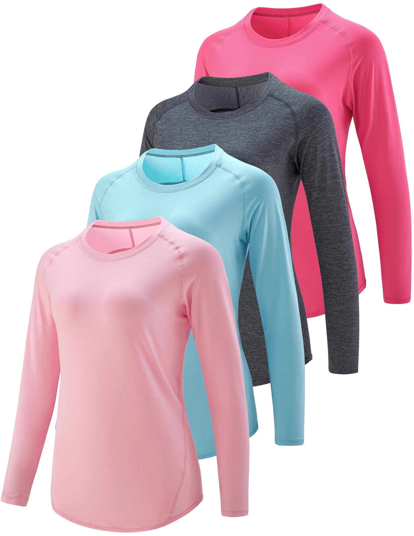 4-Pack: Womens Long Sleeve Athletic Tops with Thumb Holes – Dry Fit Active Crewneck Workout Tees