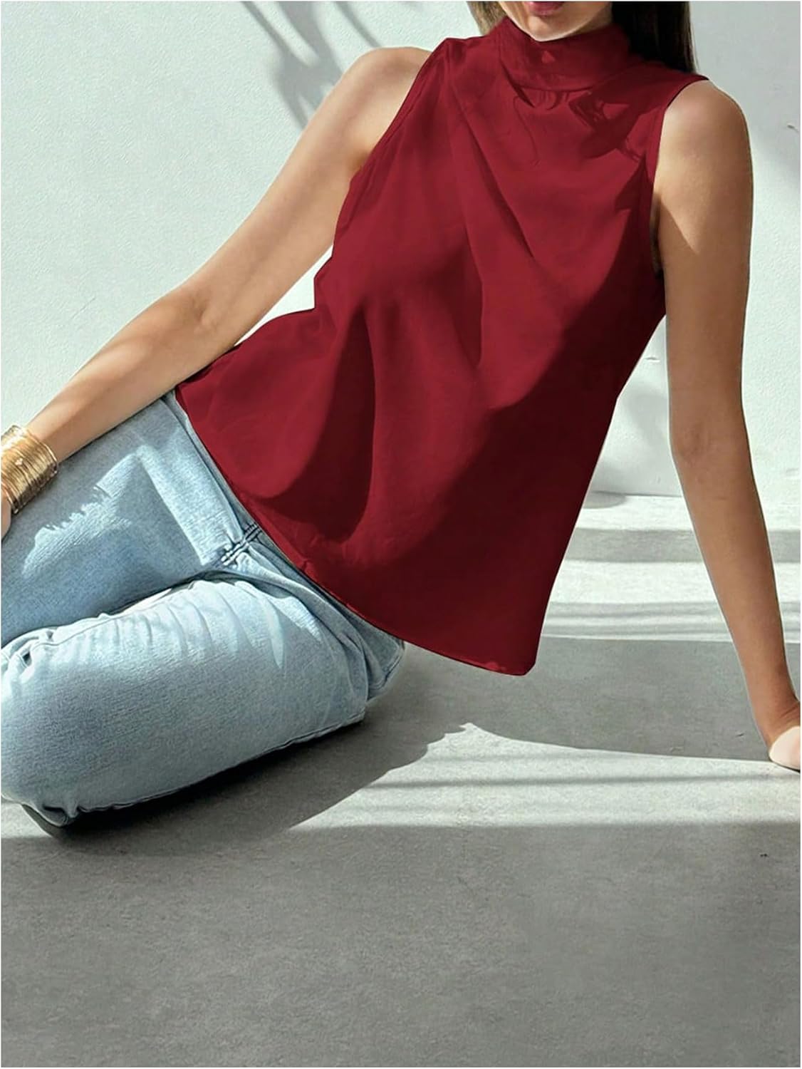 MakeMeChic Women's Sleeveless Mock Neck Ruched Blouse Tank Tops Summer Shirt - Image 5