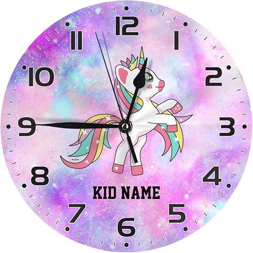 Vista 81 de Reloj de pared personalizado con diseño de unicornio y rosa con purpurina para habitación de los niños, reloj de pared personalizado con nombre