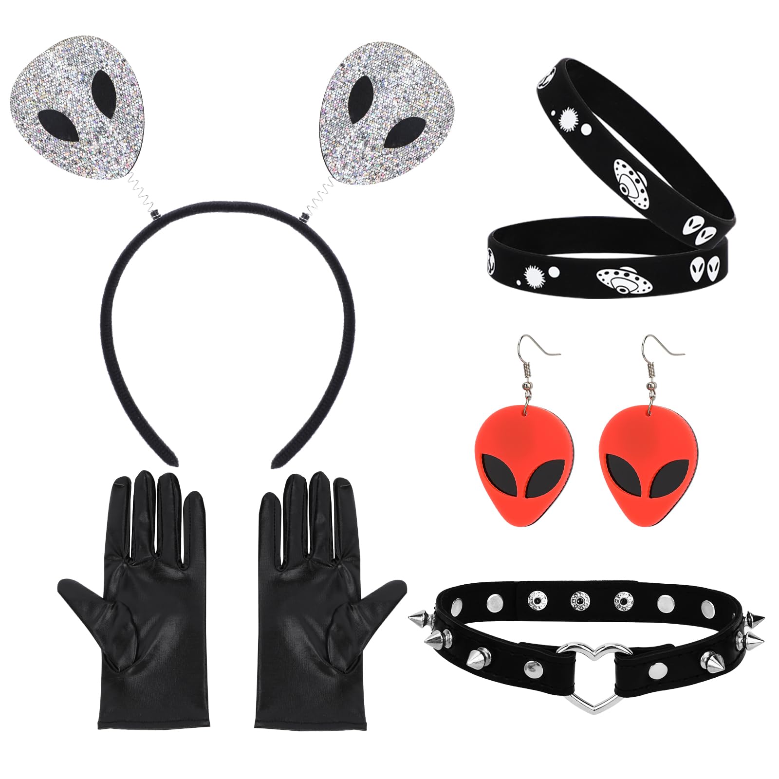 XEPST Alien Costume Accessories Set, Alien Antenna Headband, Earrings, Necklace, and Gloves for Women