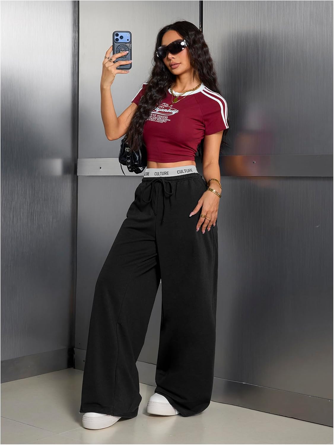 WDIRARA Women's Letter Tape Drawstring Waist Wide Leg Sweatpants Athletic Workout Baggy Pants with Pockets - Image 5