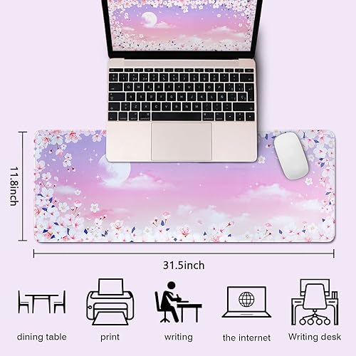 Miniatura 5 de Alfombrilla de mouse para juegos de cerezo en flor para escritorio XL extendida, estética, estrella, luna, nube, floral, pastel, morado, rosa,