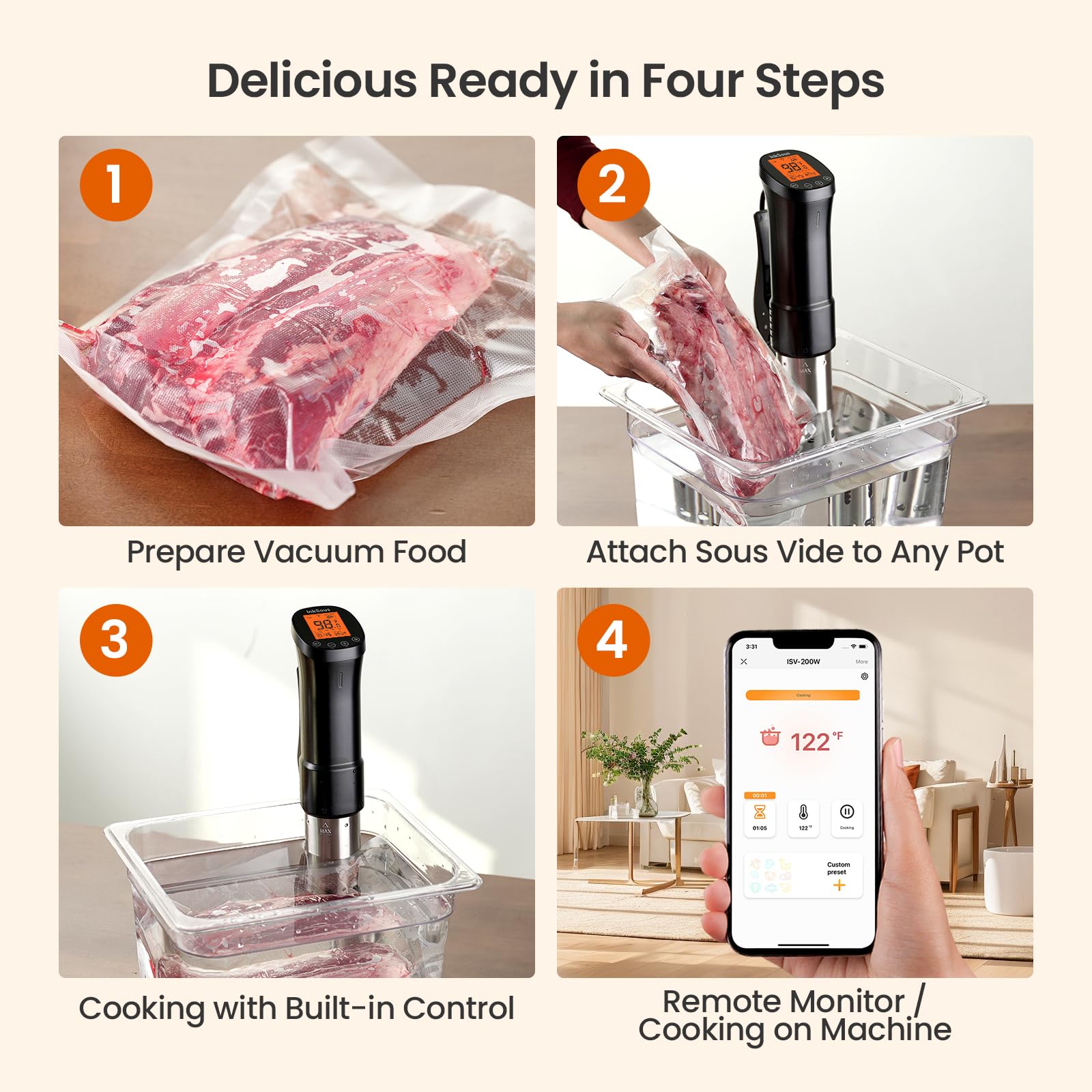 WiFi Sous Vide Cooker 2.4G, 1000W, APP Control, 1°F Accuracy | Sous Vide Machine ISSV-200-W with 18 Preset Recipes, 100-Hour Timer, Temperature Calibration&Alarm, Ultra-Quiet Fast Heating