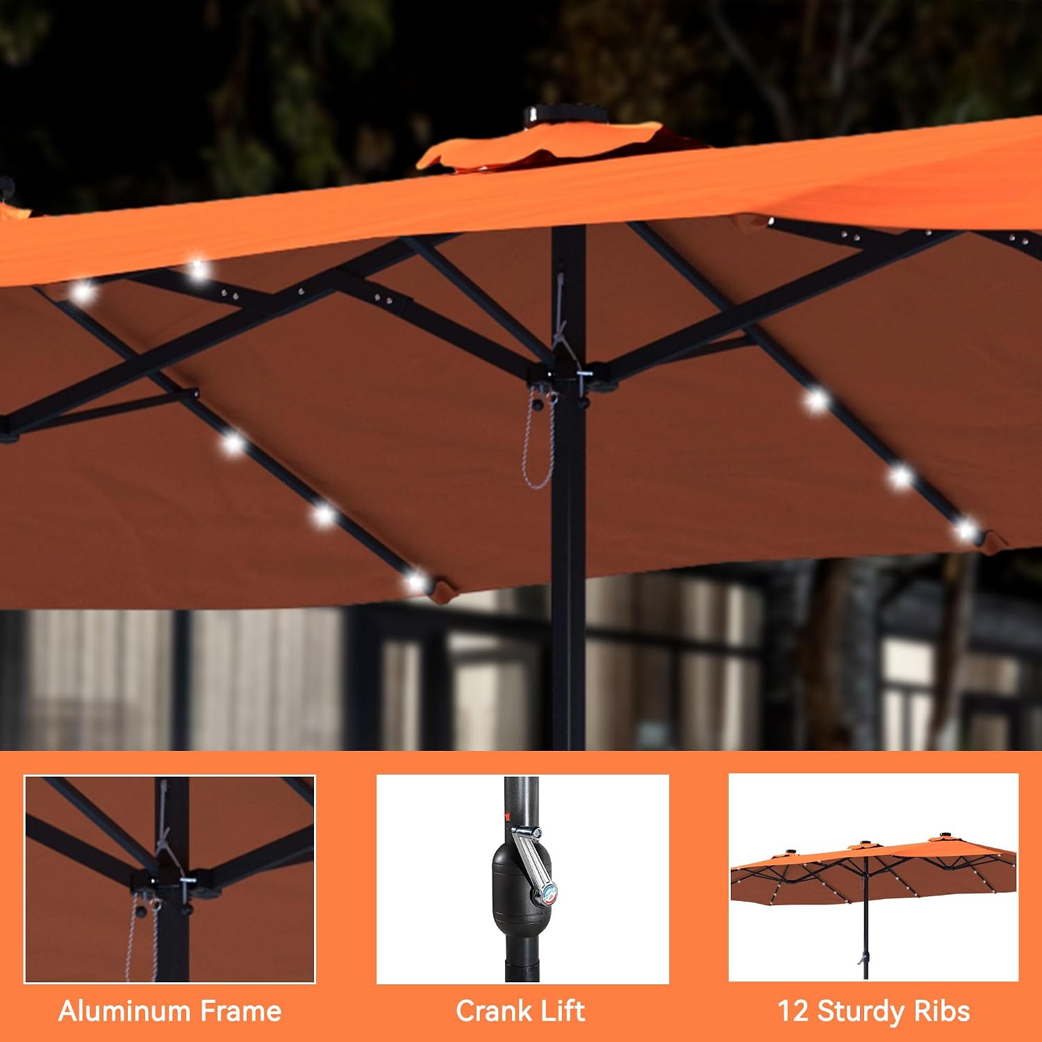 MONDAWE 15ft Patio Umbrella with Solar Lights(Base Included) Large Outdoor Double Sided Umbrella Aluminum Rectangular Market Table Umbrella with Hand Crank, 36 LEDs, 12 Ribs for Backyard Poolside Deck
