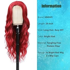 HMHIFI Long Red Wigs for Women Natural Curly Wavy Synthetic Hair Middle Prat Wigs Heat Resistant Hair Replacement Wigs for Daily Party Use Halloween Costume Wig