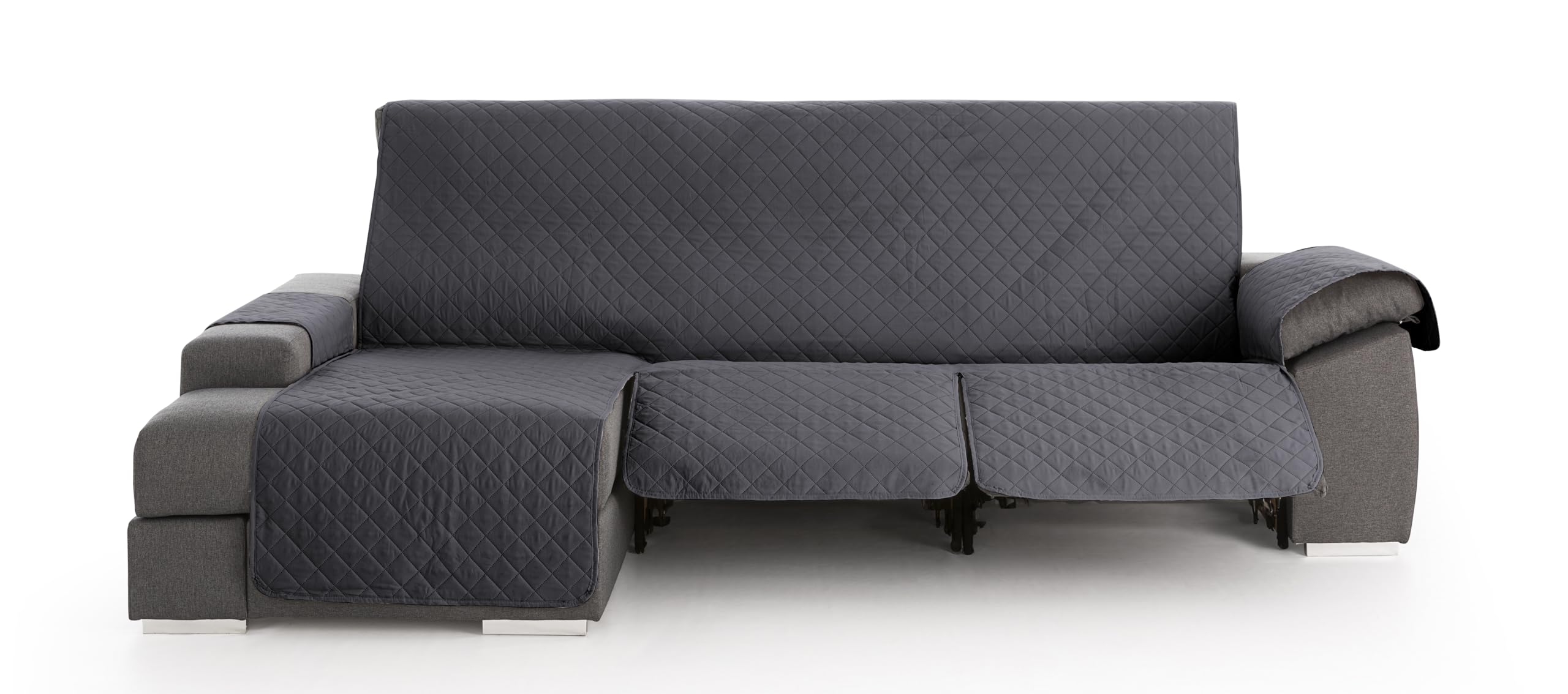 Milica Funda para Sofá Chaise Longue Relax Acolchada | Válida para Brazo Derecho o Izquierdo | Ajuste Asientos Reclinables | Lavable | Hecho en España | Tamaño 220 cm | Color Gris