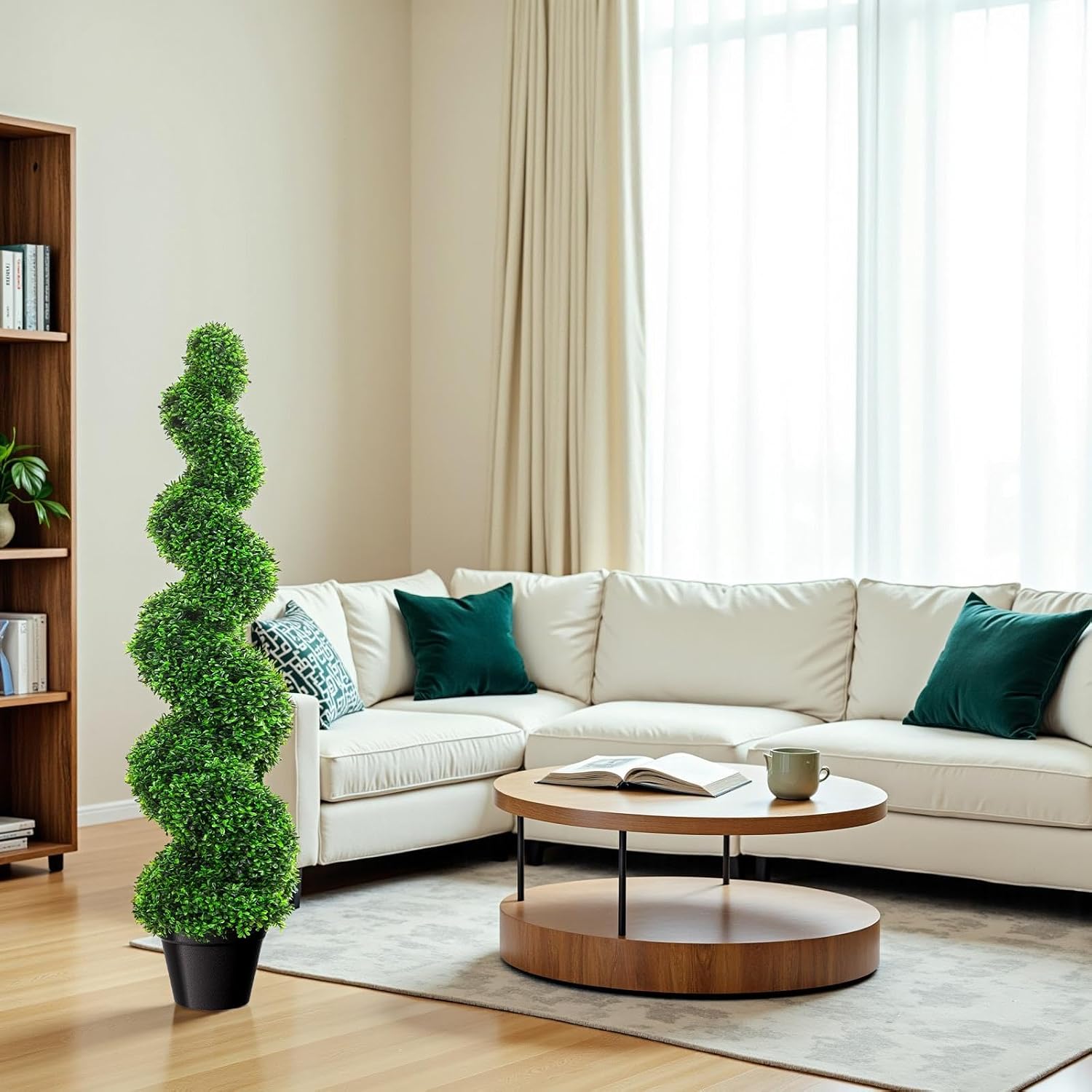 3.3' Spiral Boxwood Topiary Trees Set of 2, Artificial Outdoor Plants with Plastic Pots, Evergreen PE Material, Fake Bushes & Shrubs for Front Porch Outside Decor