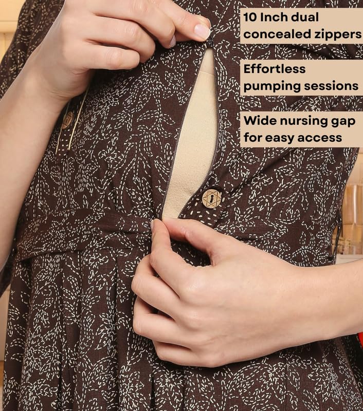 Image of DUMMY SHAPE Feeding Kurtis for Women Cotton Rayon | Printed Pregnancy Flare Kurta with Nursing Zippers to Pre & Post Partum | Maternity Dresses | Gifts for Pregnant Woman