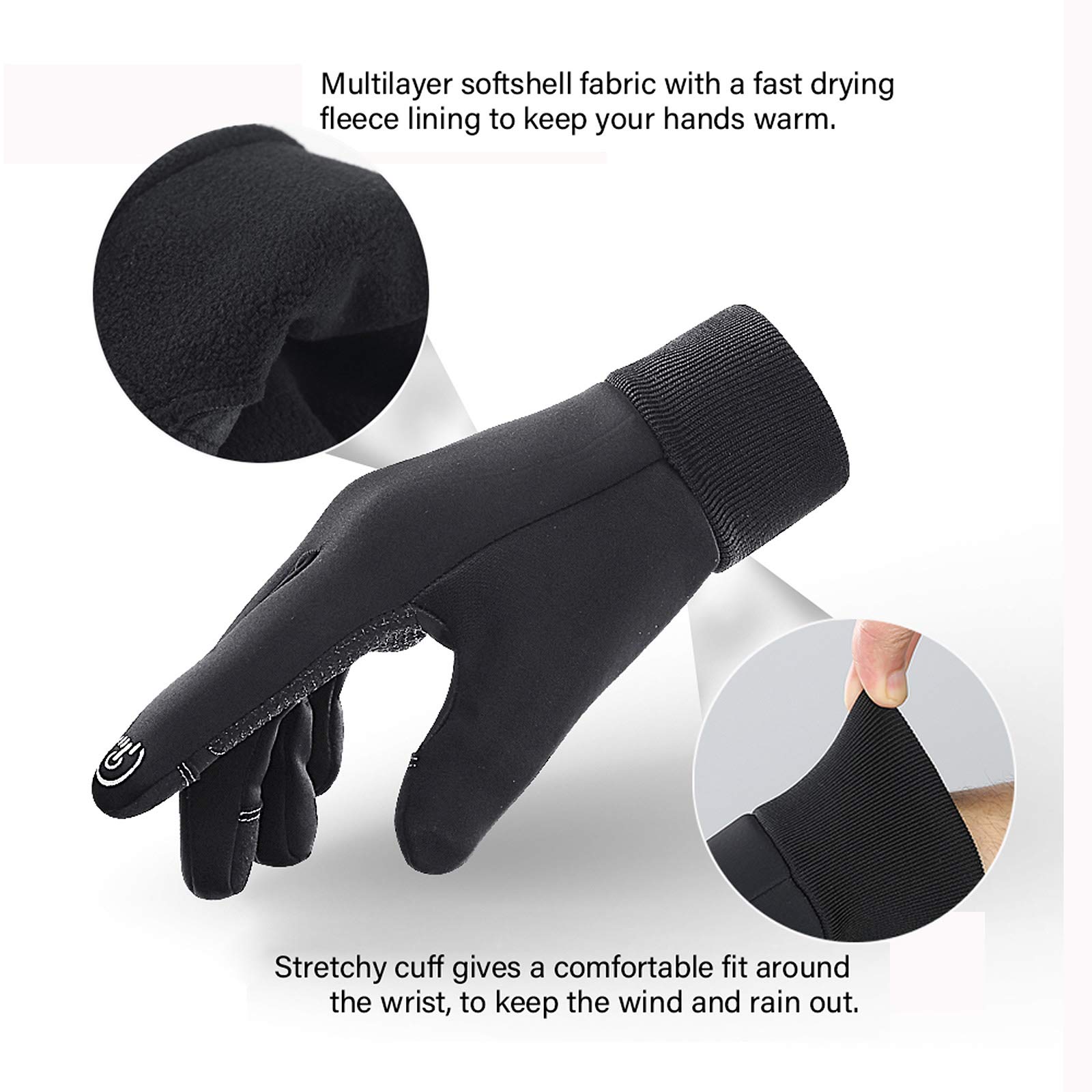 LERWAY Guanti invernali caldi con touch screen neri per uomo donna guanti antiscivolo antivento guanti per sport corsa guida mountain bike arrampicata escursionismo resistente all'acqua
