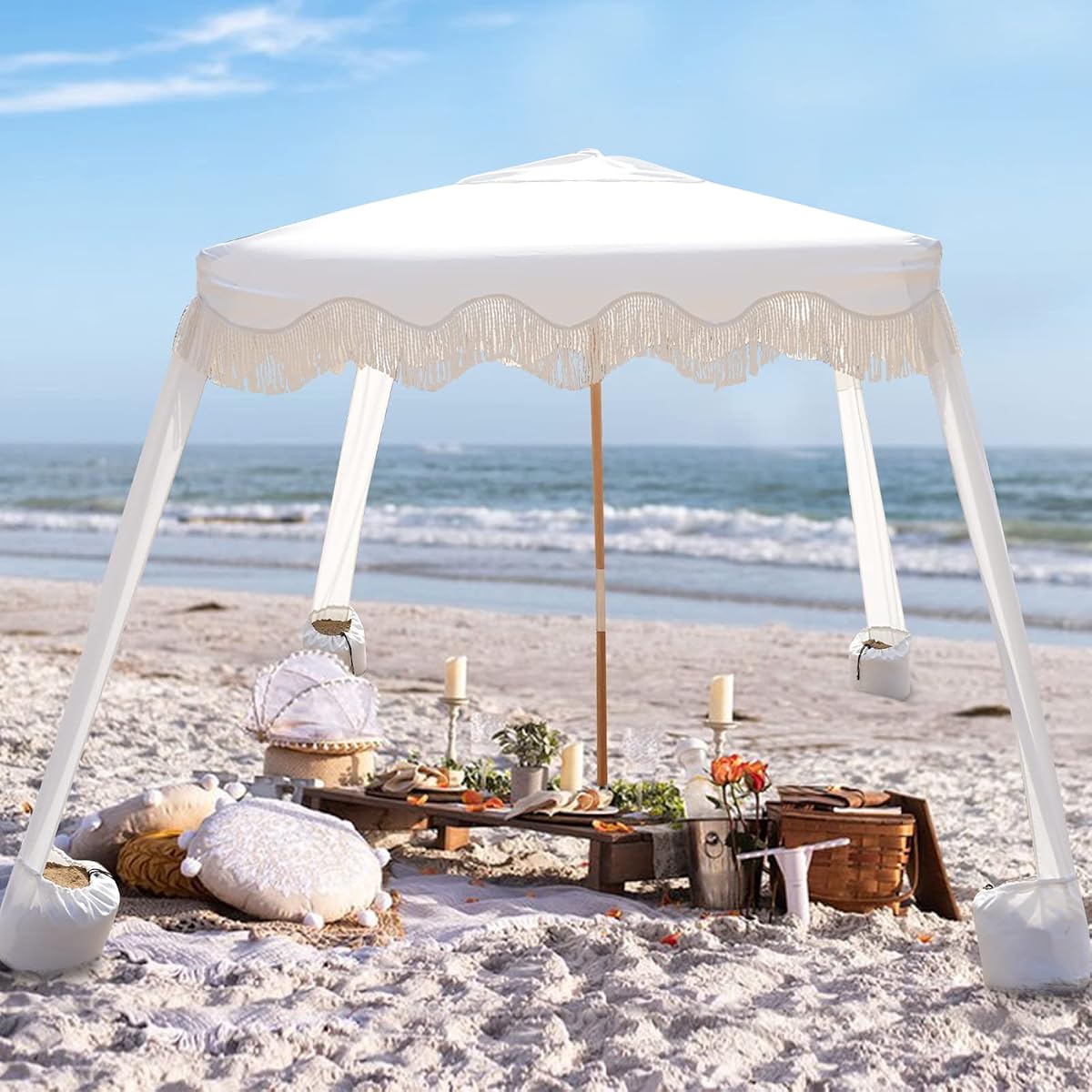 AMMSUN Beach Cabana with Fringe & Wood Pole, 7' x 7' Boho Canopy | Tassels, Easy Set Up, UV50+ Protection, Easy to Carry with Bag, Unique for Special Occasion and Parties, Elegant White