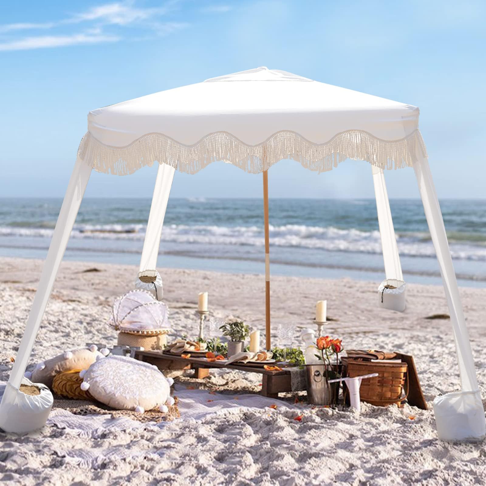 Beach Cabana with Fringe, 6.5' x 6.5' Boho Beach Canopy with Tassels, Easy Set up & Premium Wood Pole, Cabana Tent with Sand Pockets, Instant Sun Shade for Sand, Garden, Patio, Elegant White